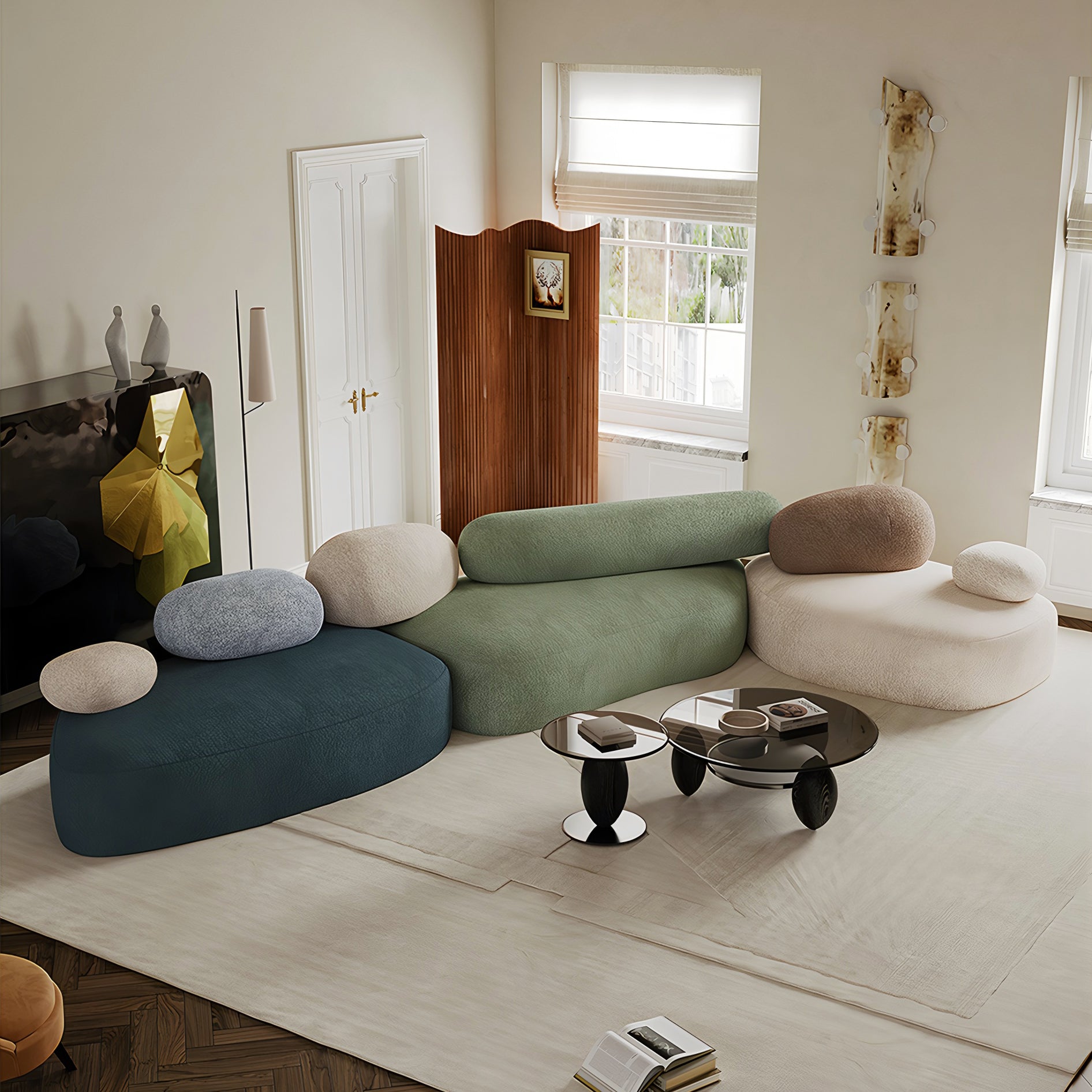 Pebble Modular Sofa in Navy, Green, and Beige