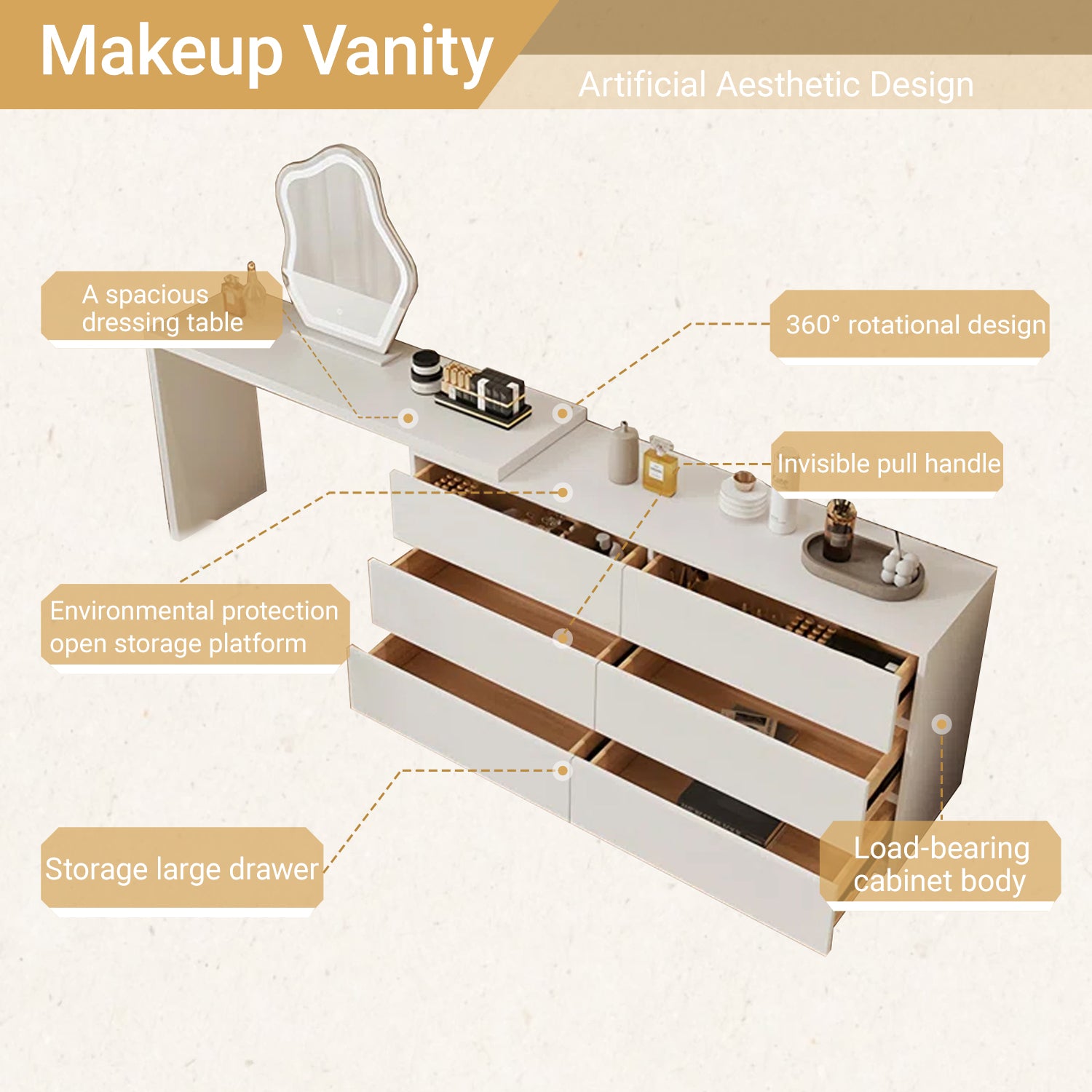 Cream White Extendable Makeup Vanity Dresser with 6 Drawers, L-Shaped Table & Scalable Design