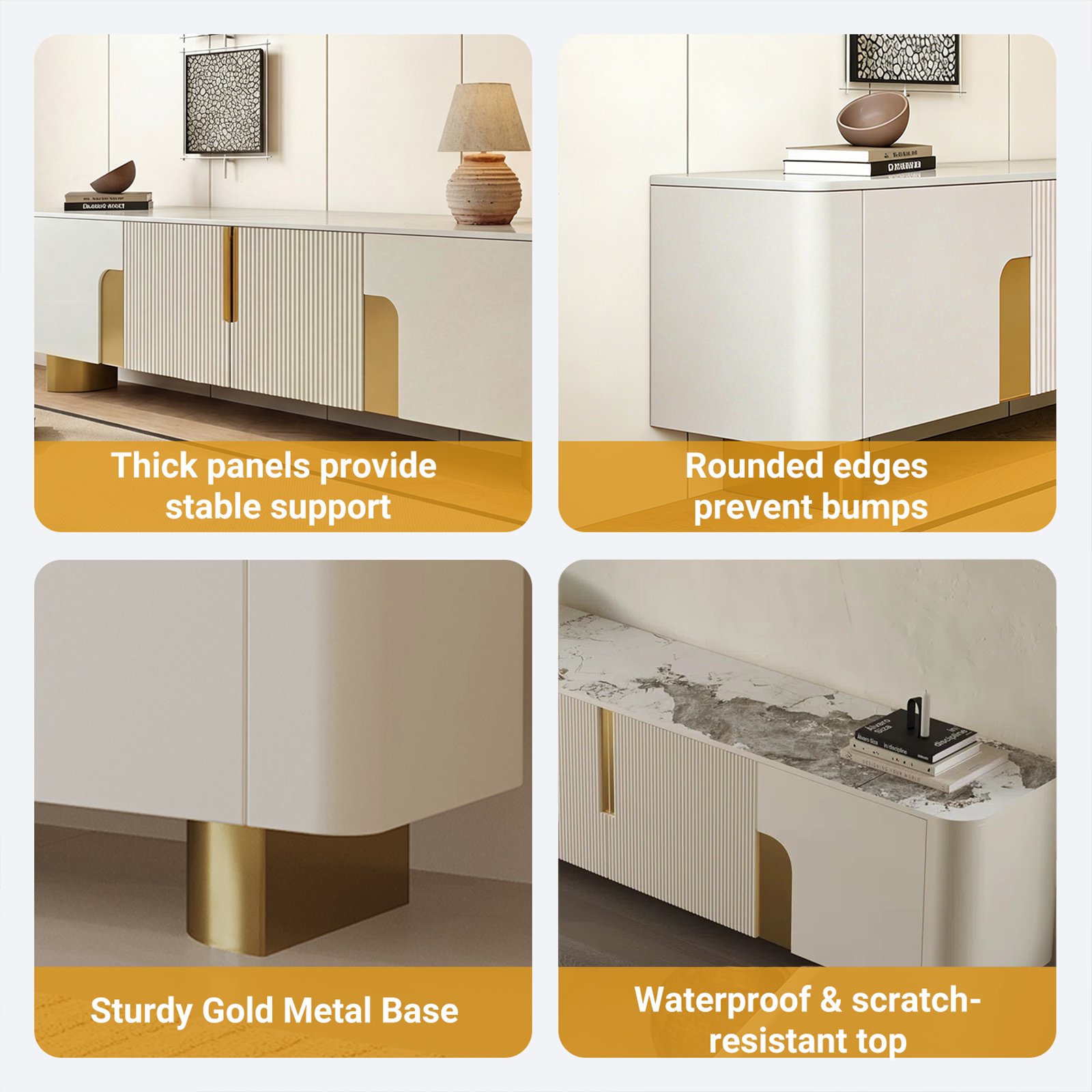 78.74'' Modern Faux Marble TV Stand with Gold Stainless Steel Base and 4 Storage Cabinets
