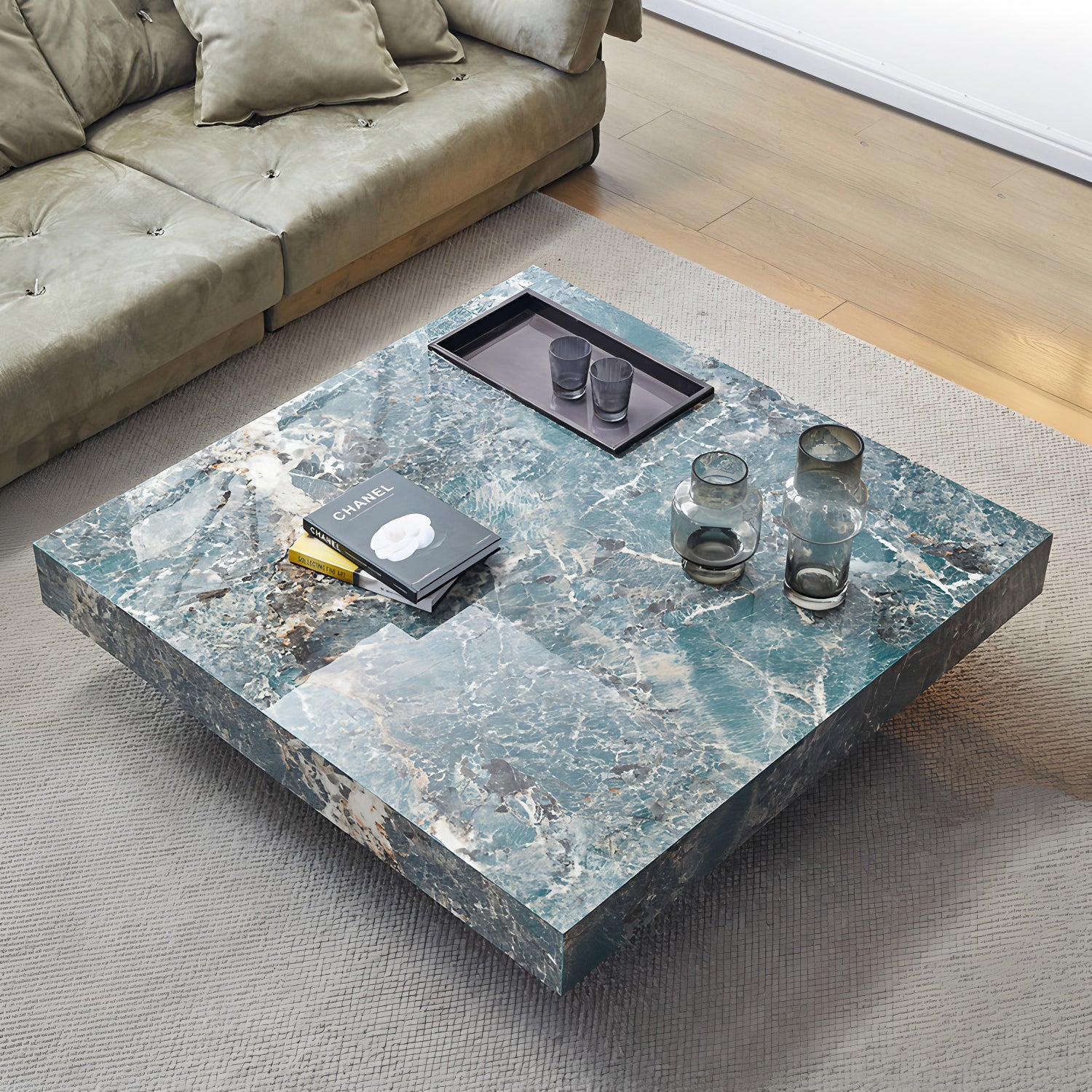 47.24" Square Faux Marble Coffee Table with Stainless Steel Base