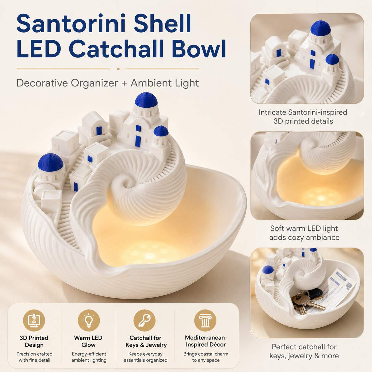 Santorini-Inspired 3D Printed Shell Catchall Bowl with Rechargeable LED Light