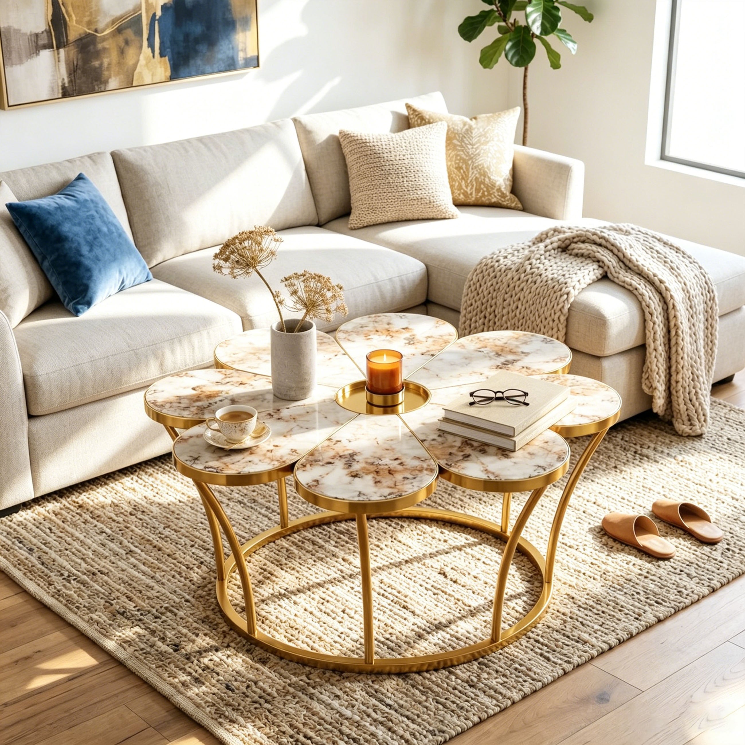 Flower-shaped faux marble coffee table with polished gold stainless steel base