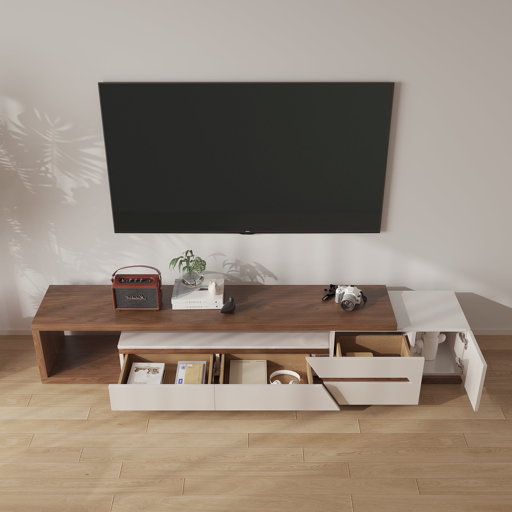 Extendable TV Stand with 3 Drawers and Open Shelf for TVs up to 110 Inches
