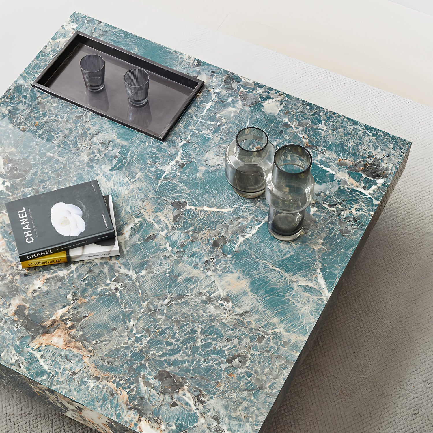 47.24" Square Faux Marble Coffee Table with Stainless Steel Base