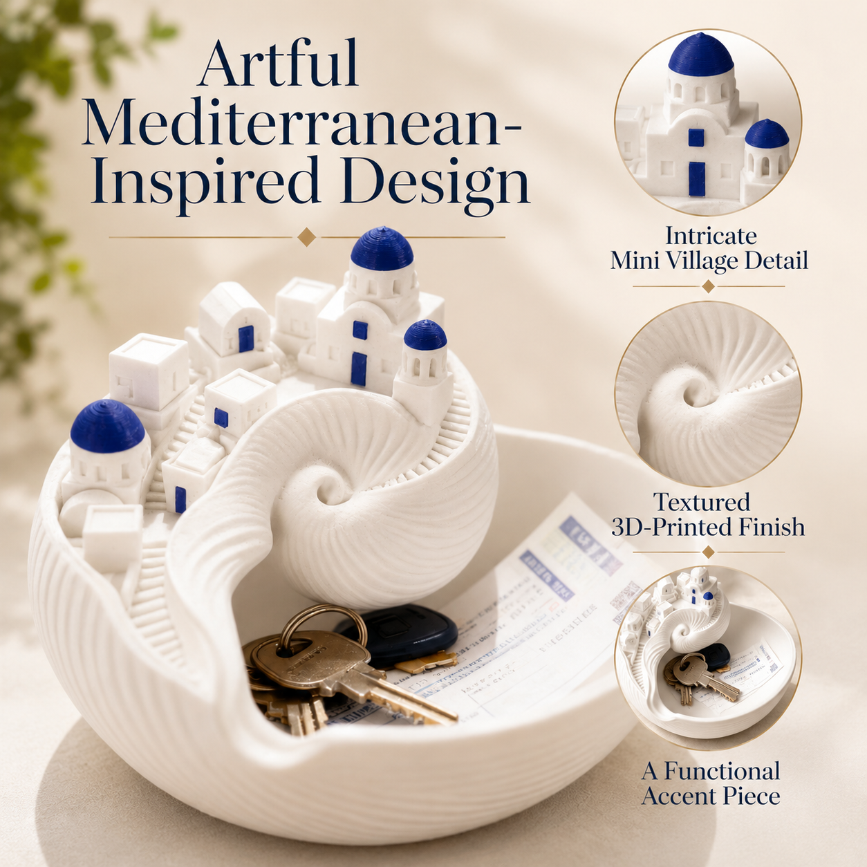 Santorini-Inspired 3D Printed Shell Catchall Bowl with Rechargeable LED Light