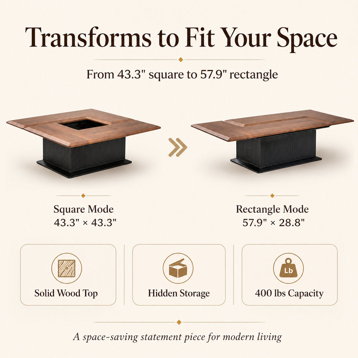 58" Wide Solid Wood Transforming Coffee Table, Square to Rectangle Fluted Base, Mid-Century Modern, Walnut Finish - View 4