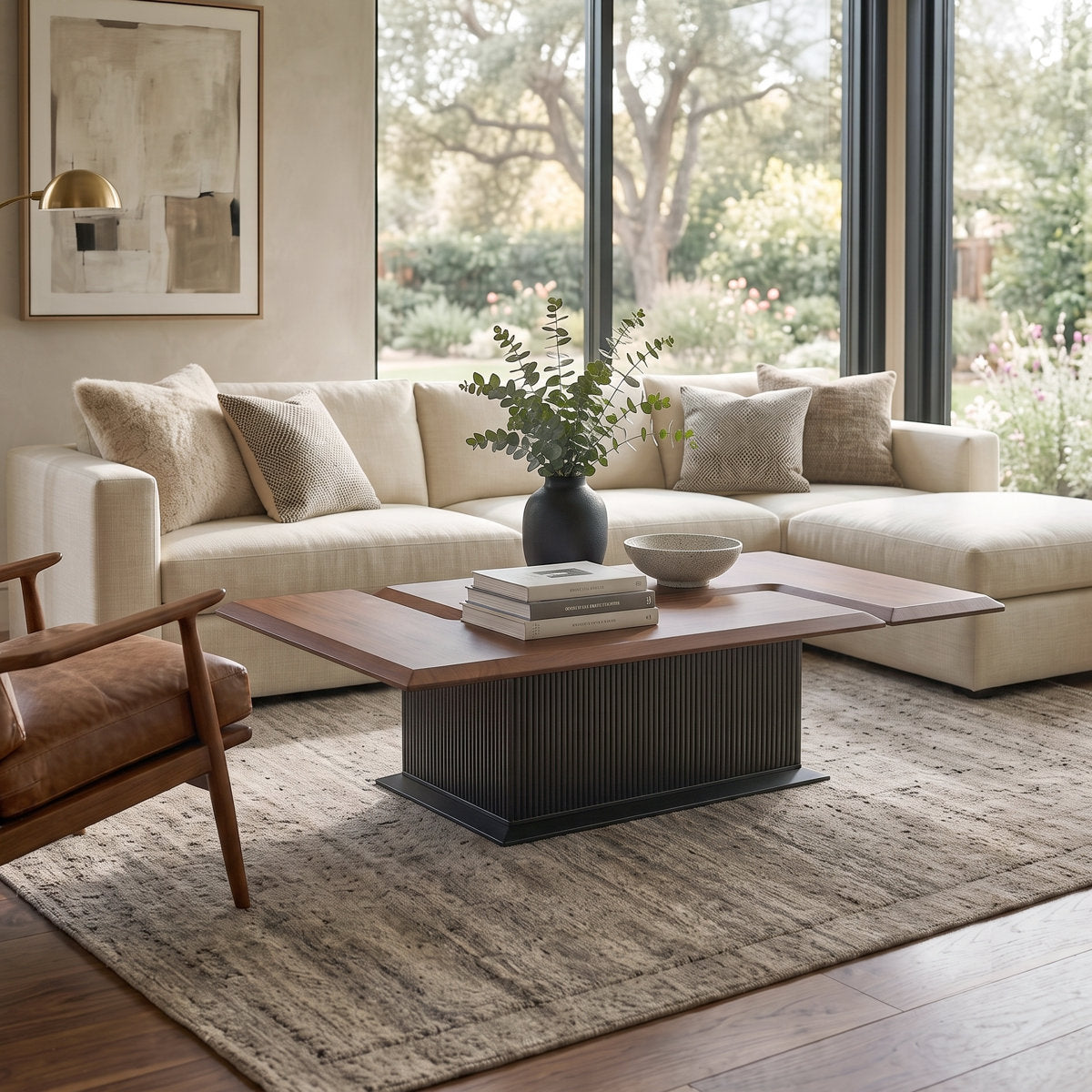 58" Wide Solid Wood Transforming Coffee Table, Square to Rectangle Fluted Base, Mid-Century Modern, Walnut Finish - View 10