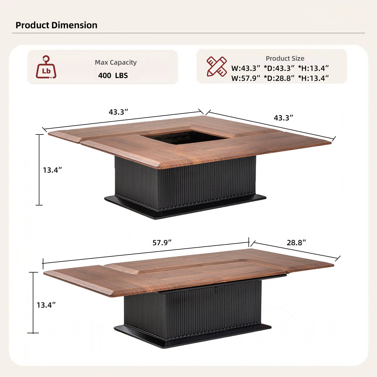 58" Wide Solid Wood Transforming Coffee Table, Square to Rectangle Fluted Base, Mid-Century Modern, Walnut Finish - View 6