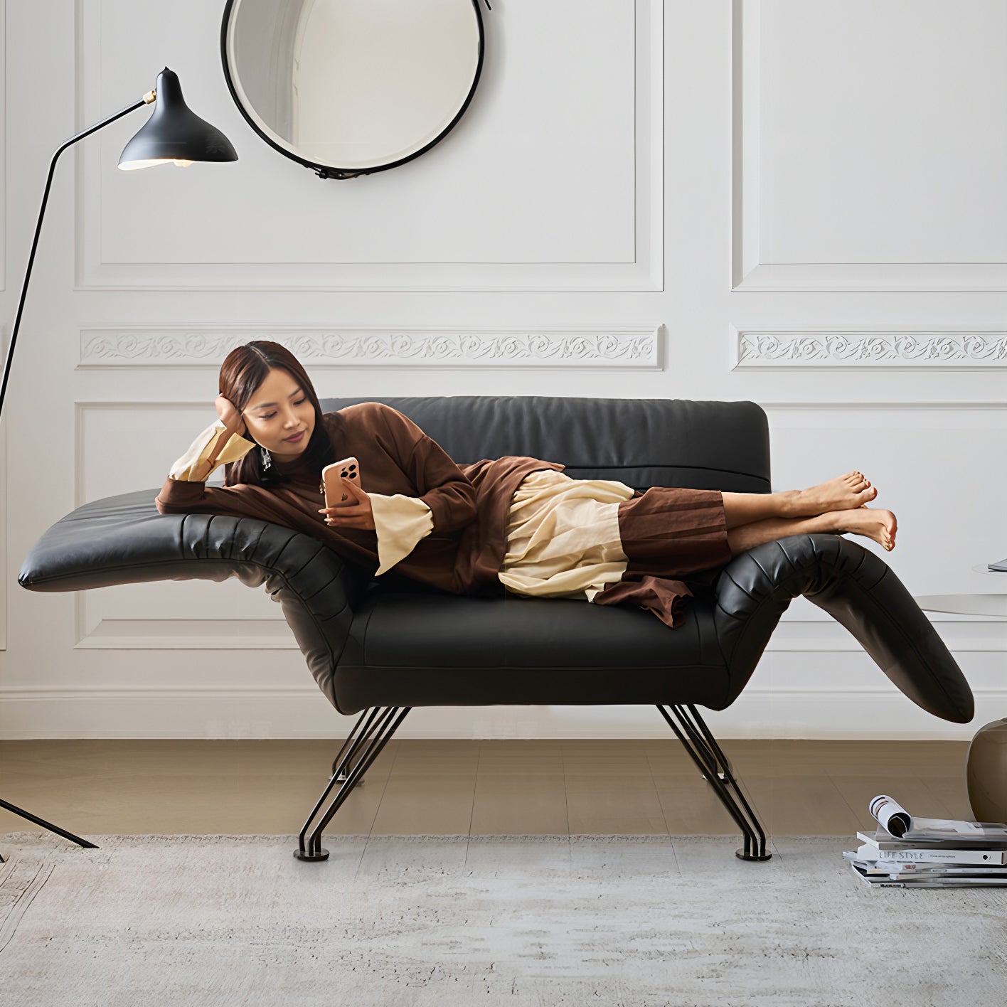 Adjustable Reclining Lounge Chair with Wax Pull-Up Leather Contact Surface