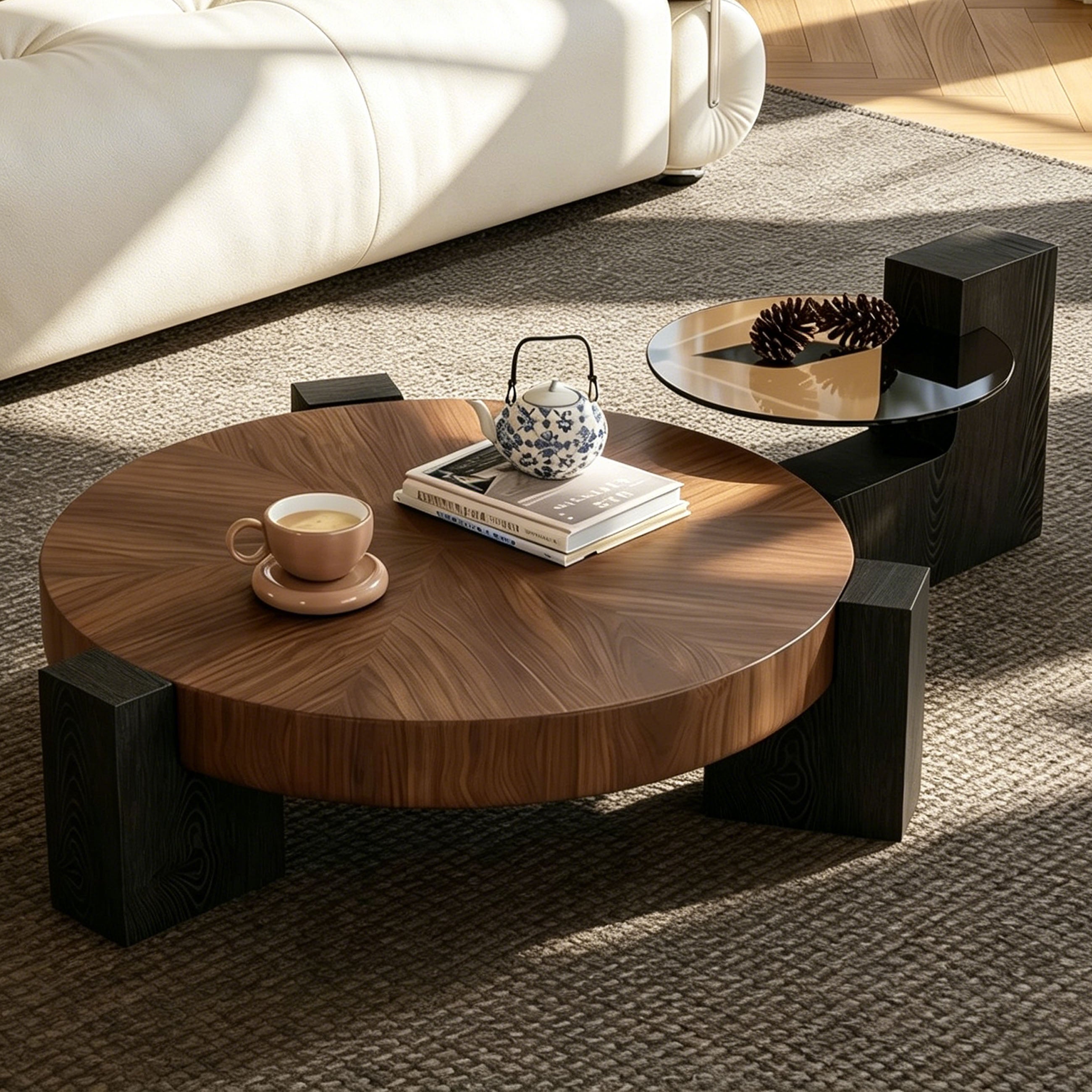Mid-century coffee table - Round coffee table Walnut & Clear HD Glass Top with Stable Geometric Legs