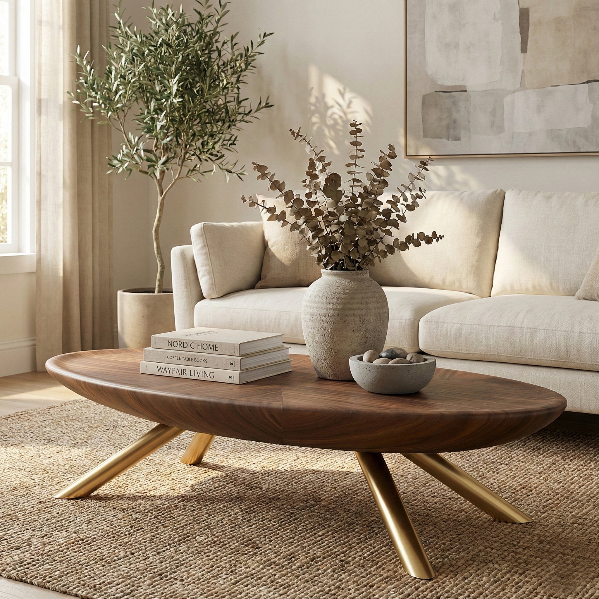 Modern Oval Coffee Table with Wood-Grain Finish and Gold Accents - View 1