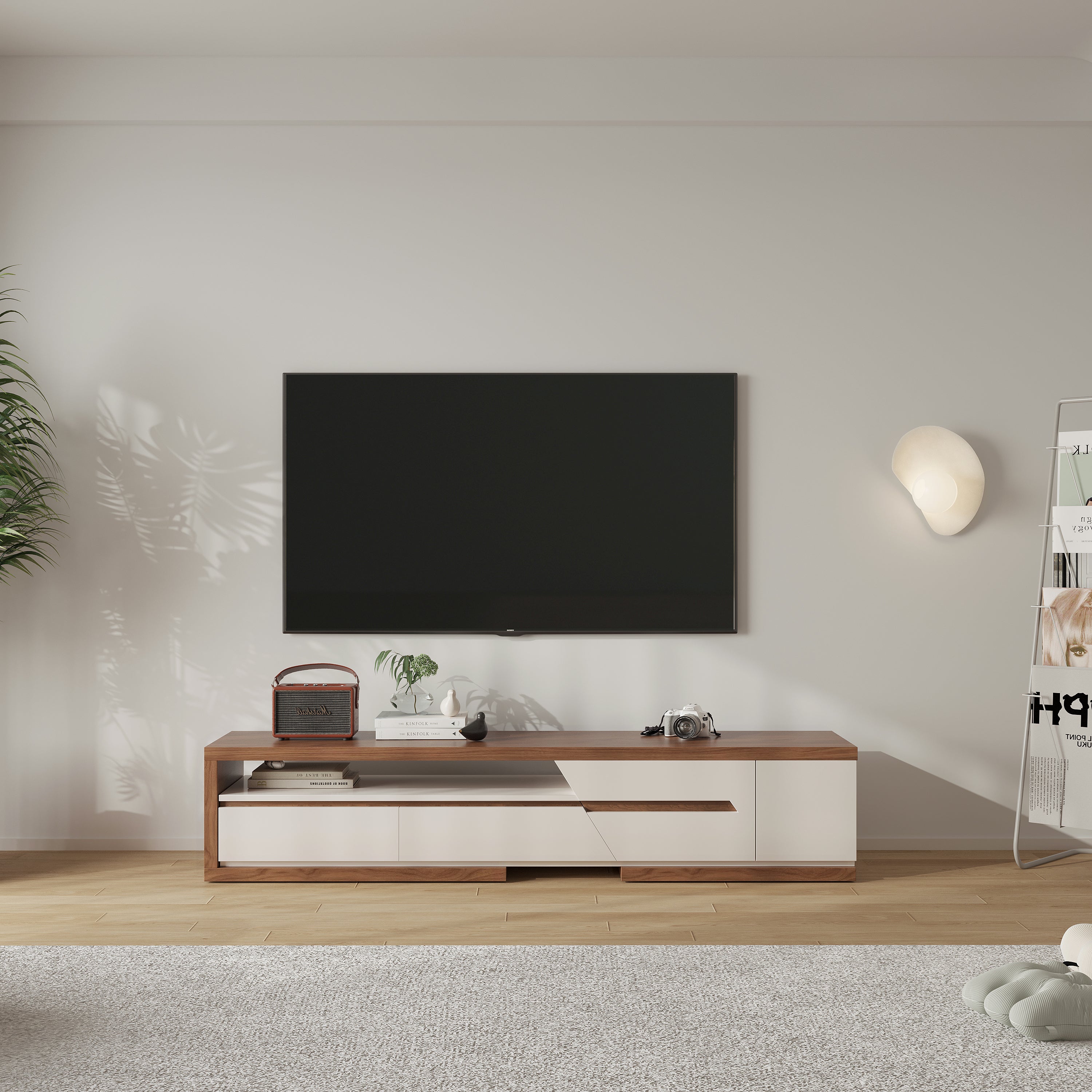 Extendable TV Stand with 3 Drawers and Open Shelf for TVs up to 110 Inches