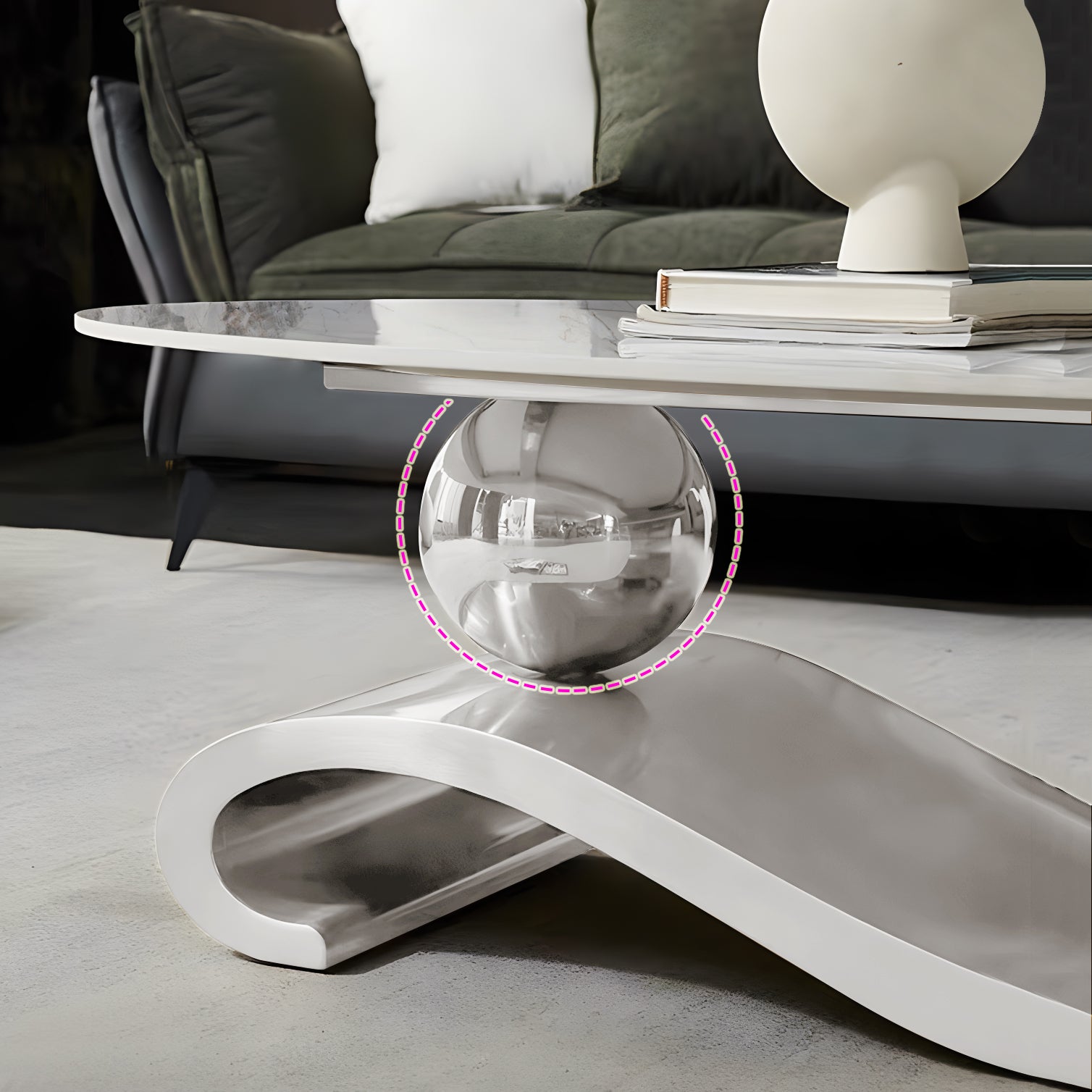 51.2" Oval Faux Marble Coffee Table with Silver Stainless Steel Base