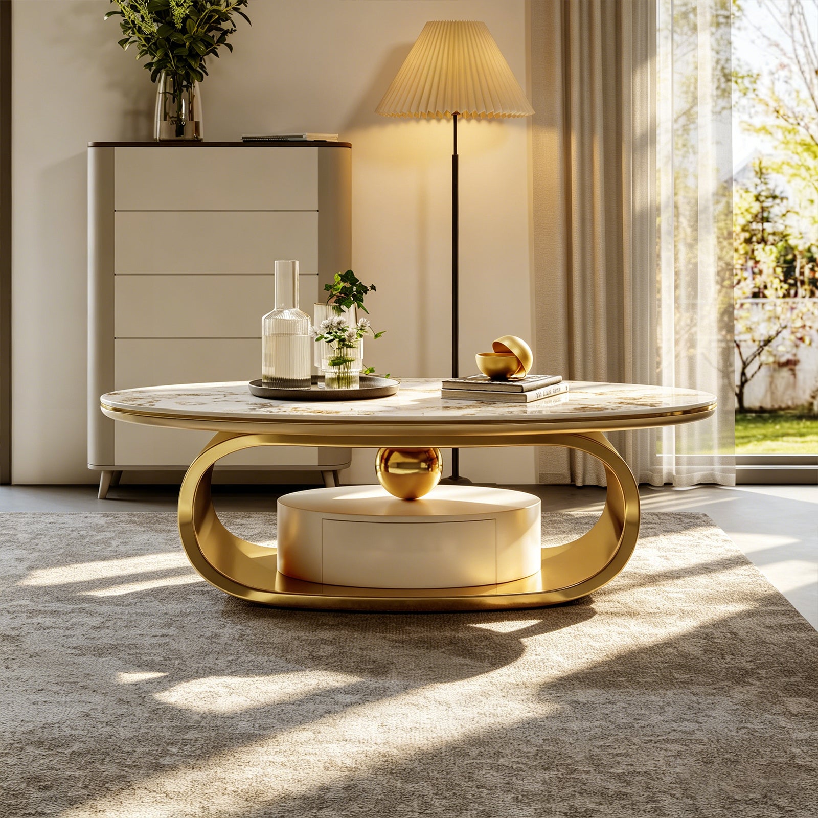 Modern Luxury Coffee Table: Scratch-Resistant Faux Marble Surface, Polished Gold Frame & Hidden Drawer