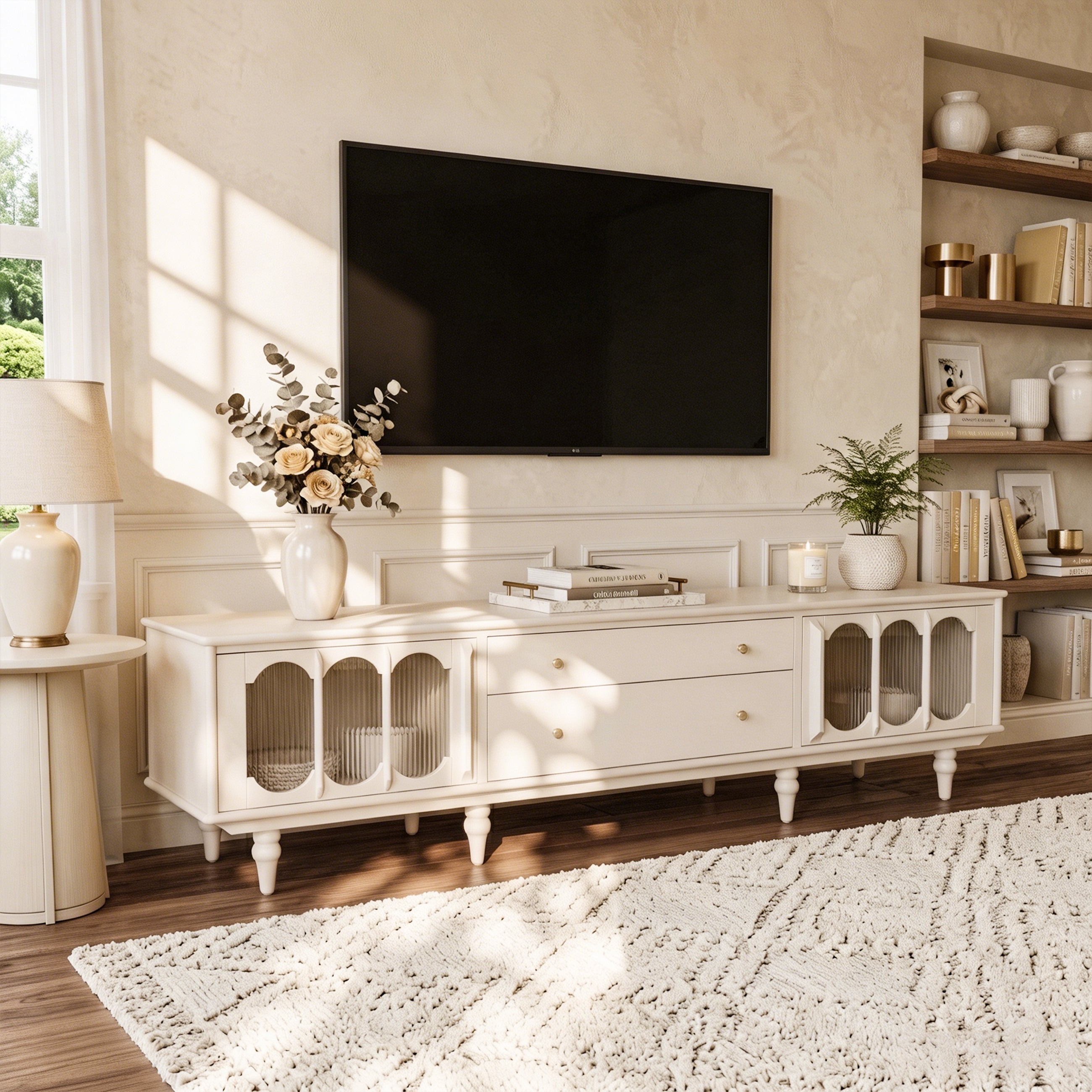 78.74" French Country TV Stand for 75-85 Inch TVs, Cream White TV Console with Arched Fluted Glass Doors & Storage Drawers