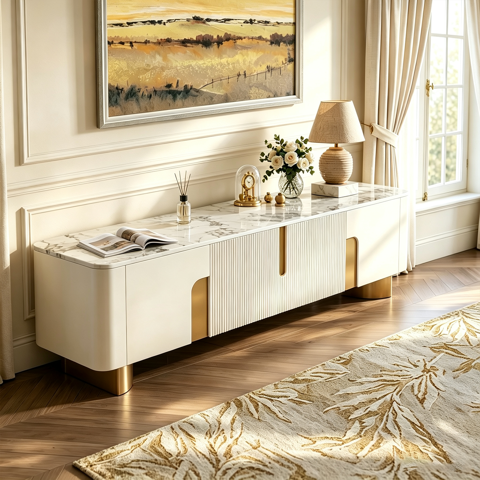 78.74'' Modern Faux Marble TV Stand with Gold Stainless Steel Base and 4 Storage Cabinets