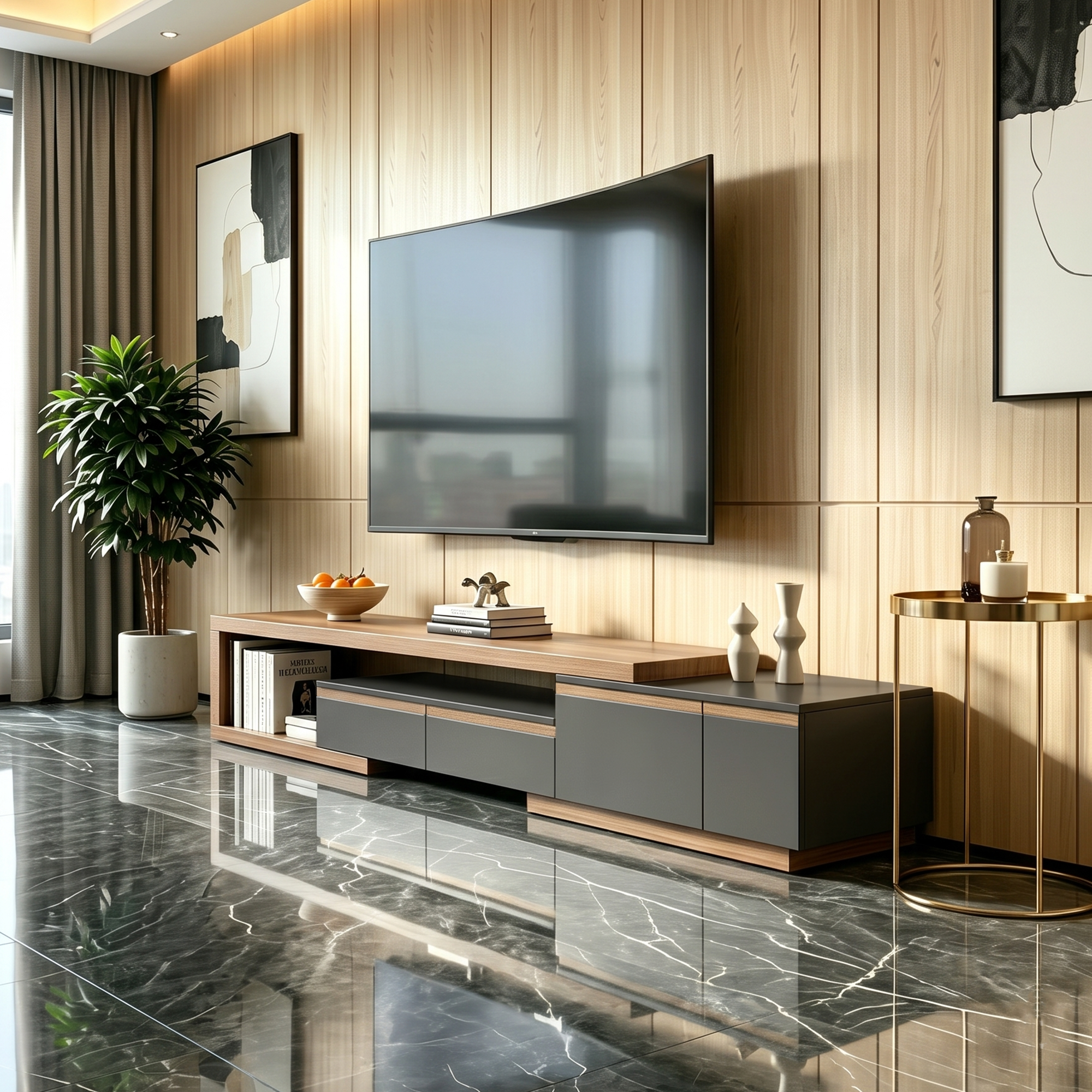 Adjustable-Length Modern Light Luxury TV Stand: Walnut Veneer Top & Spacious Storage