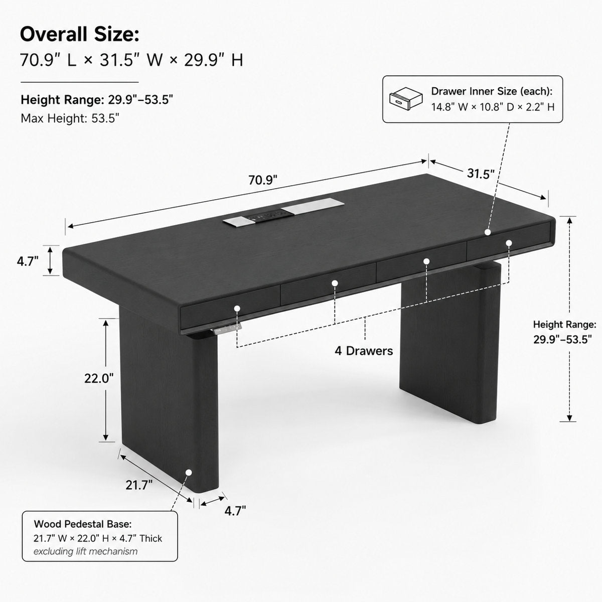 70.9" Electric Height-Adjustable Executive Desk with 4 Push-to-Open Drawers and Built-In Power Outlet - View 11