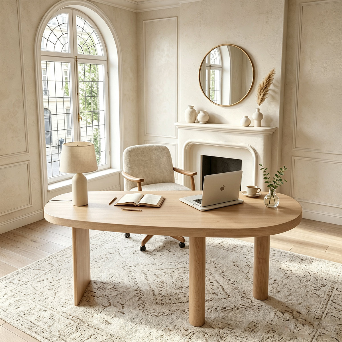 70.9" Solid Wood Curved Executive Desk in Natural Finish with Sculptural Three-Leg Base – View 1