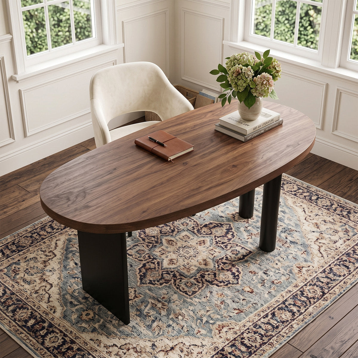 70.9" Walnut and Black Solid Wood Curved Executive Desk with Sculptural Three-Leg Base – View 16