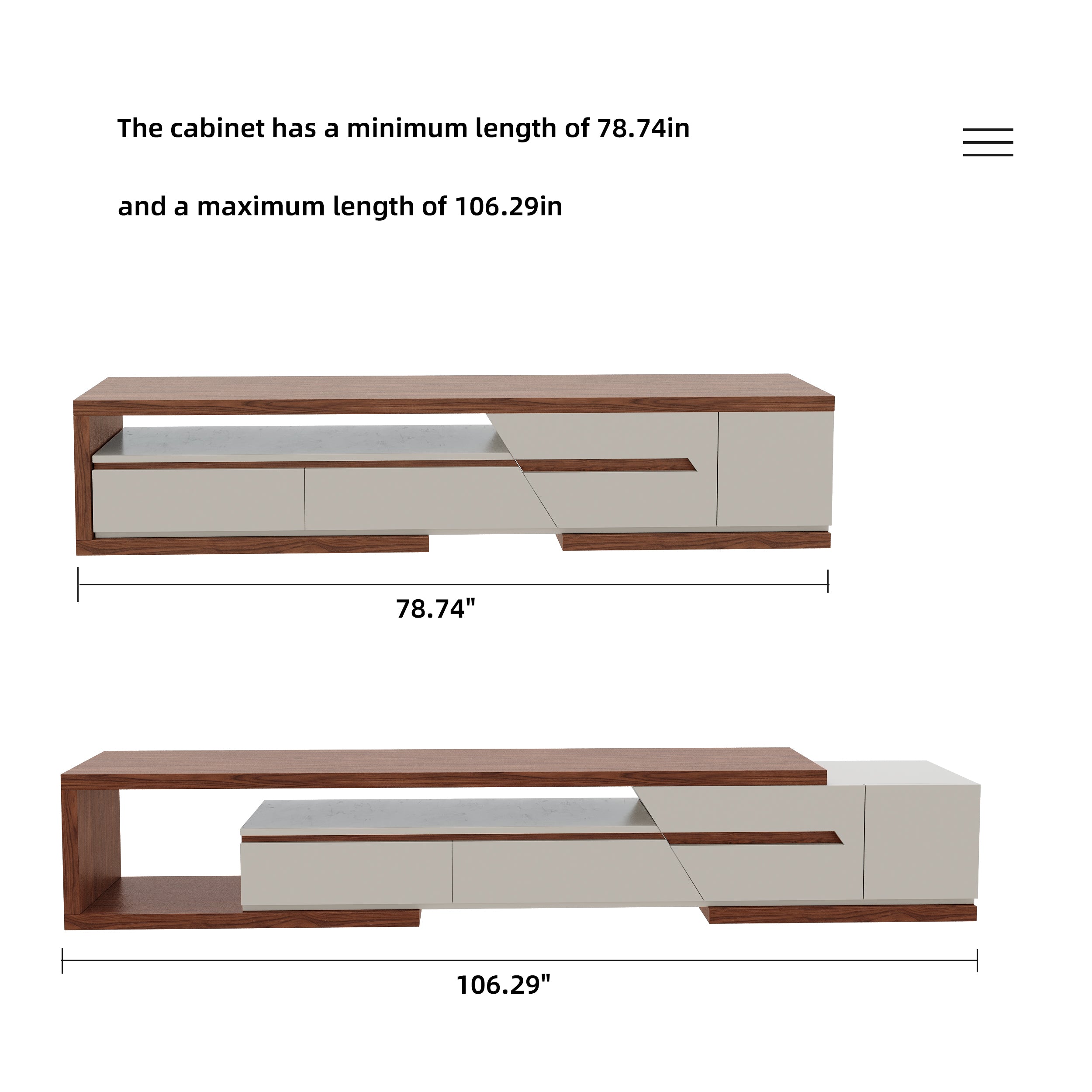 Extendable TV Stand with 3 Drawers and Open Shelf for TVs up to 110 Inches