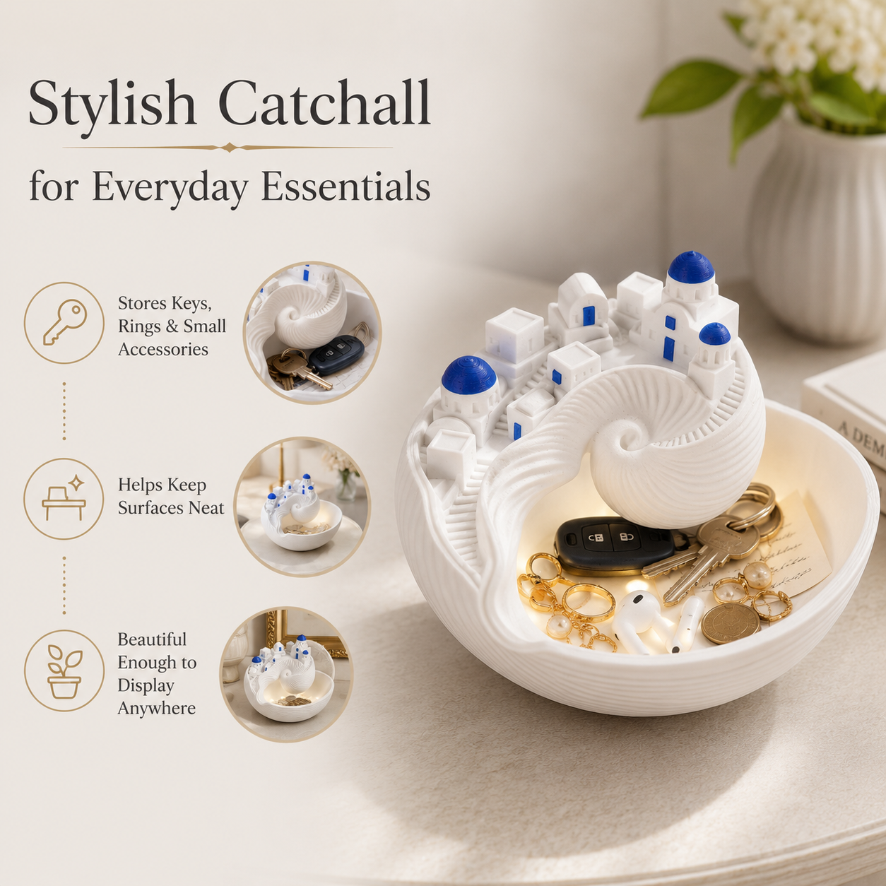 Santorini-Inspired 3D Printed Shell Catchall Bowl with Rechargeable LED Light