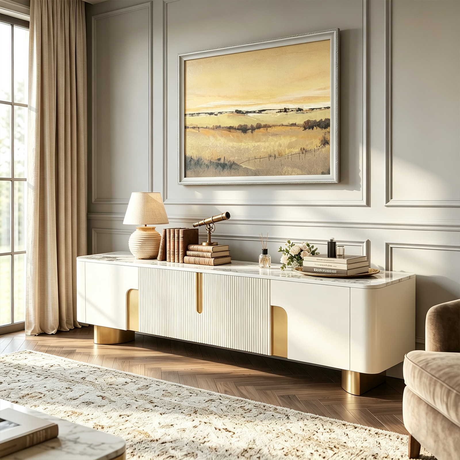 78.74'' Modern Faux Marble TV Stand with Gold Stainless Steel Base and 4 Storage Cabinets