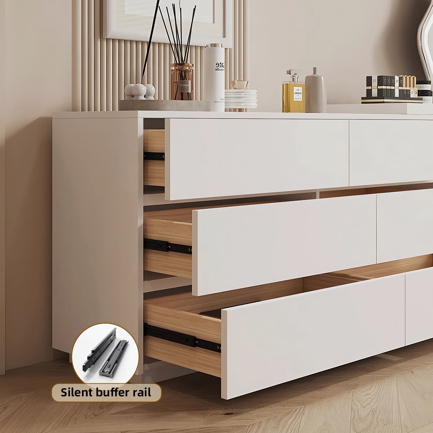 Cream White Extendable Makeup Vanity Dresser with 6 Drawers, L-Shaped Table & Scalable Design