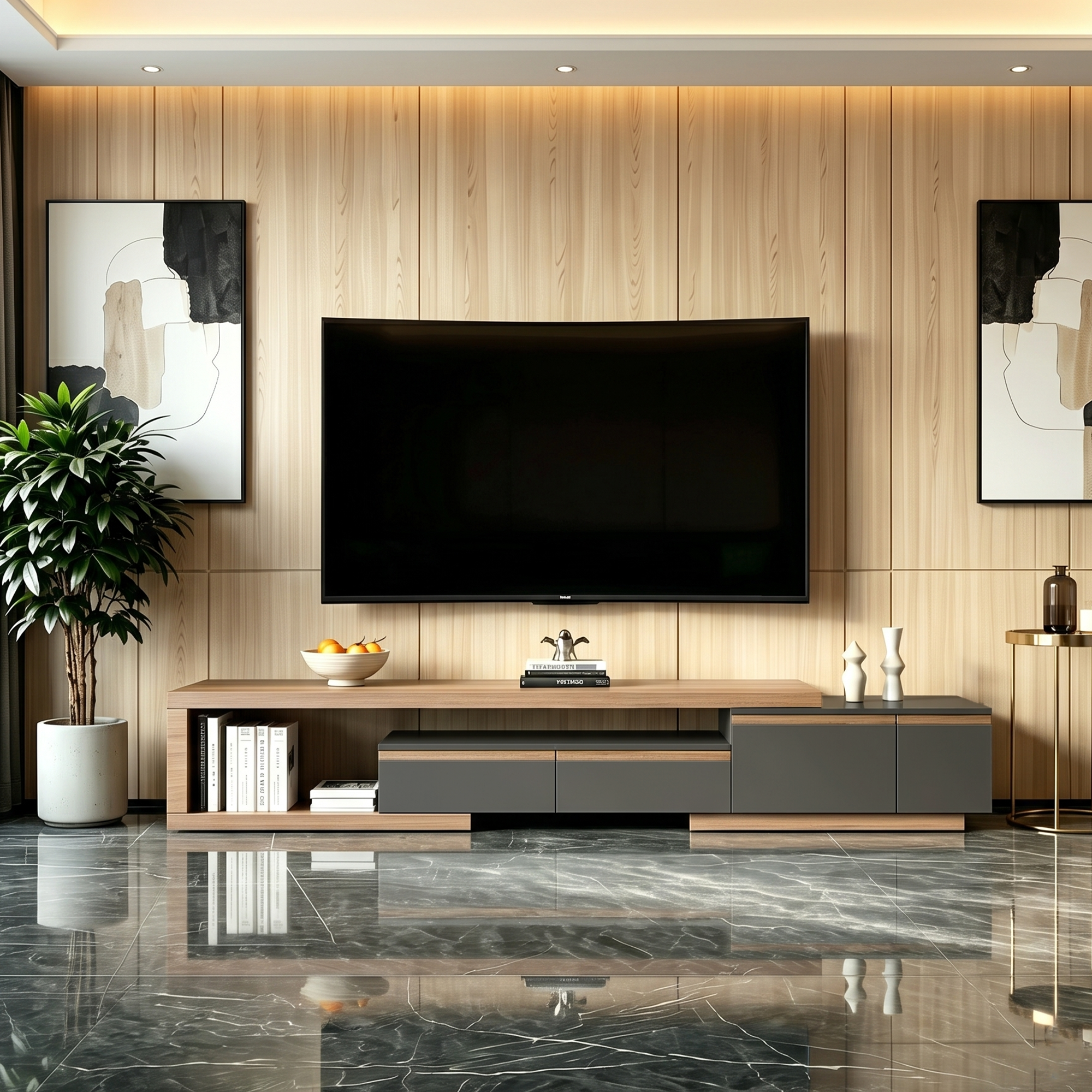Adjustable-Length Modern Light Luxury TV Stand: Walnut Veneer Top & Spacious Storage
