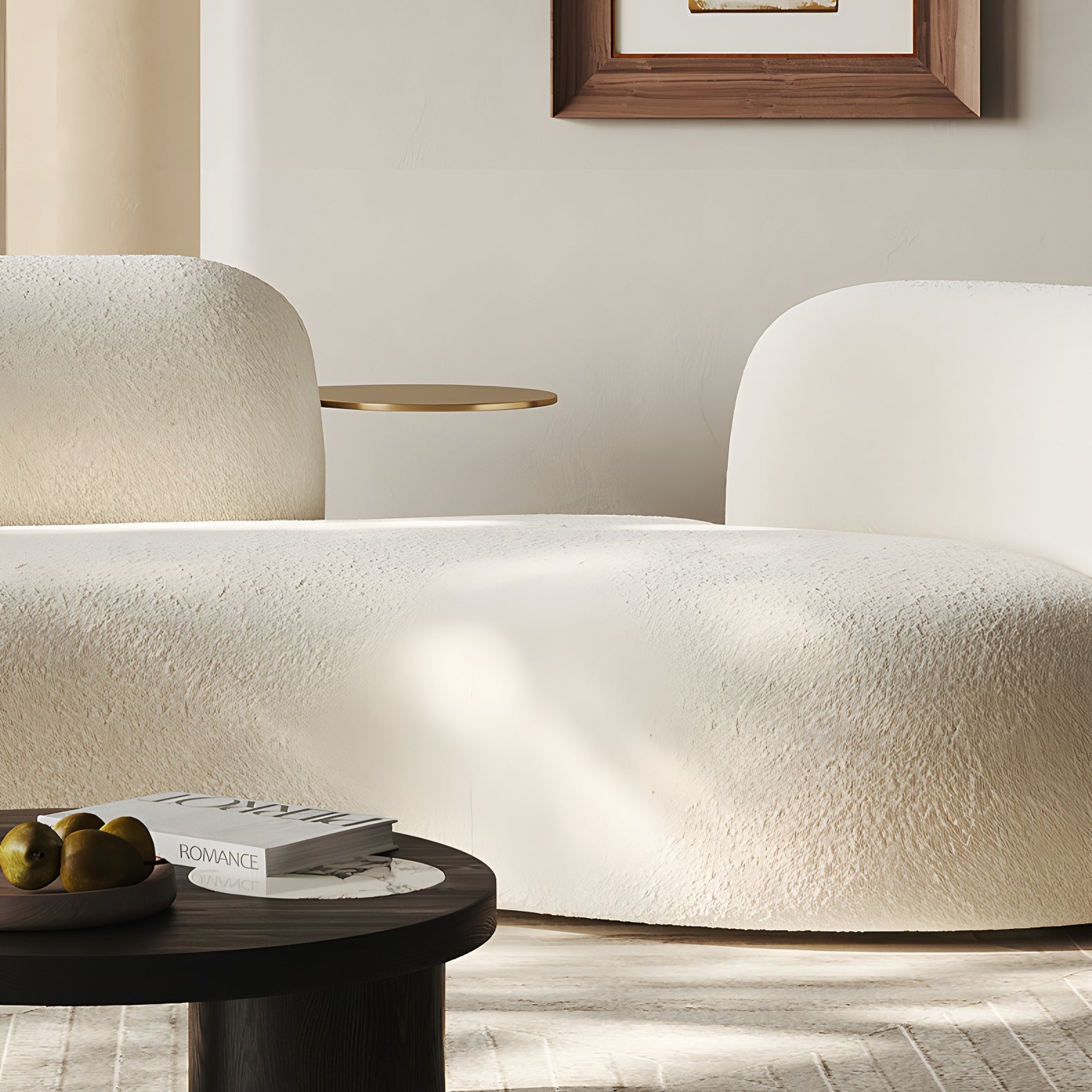 102" Cream Bouclé Curved Sofa, 3-Seater Couch with Black Base & Gold Side Tray