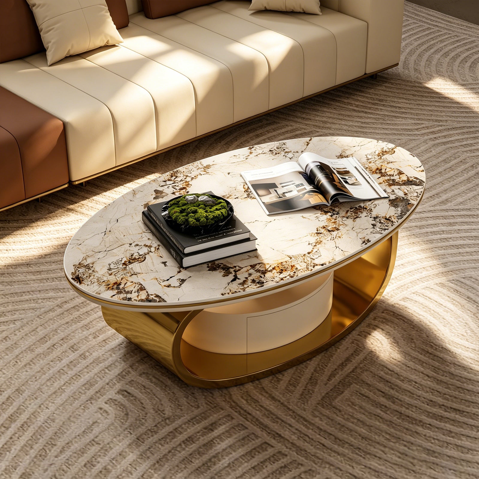 Modern Luxury Coffee Table: Scratch-Resistant Faux Marble Surface, Polished Gold Frame & Hidden Drawer
