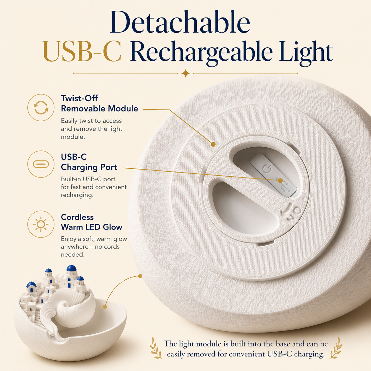 Santorini-Inspired 3D Printed Shell Catchall Bowl with Rechargeable LED Light