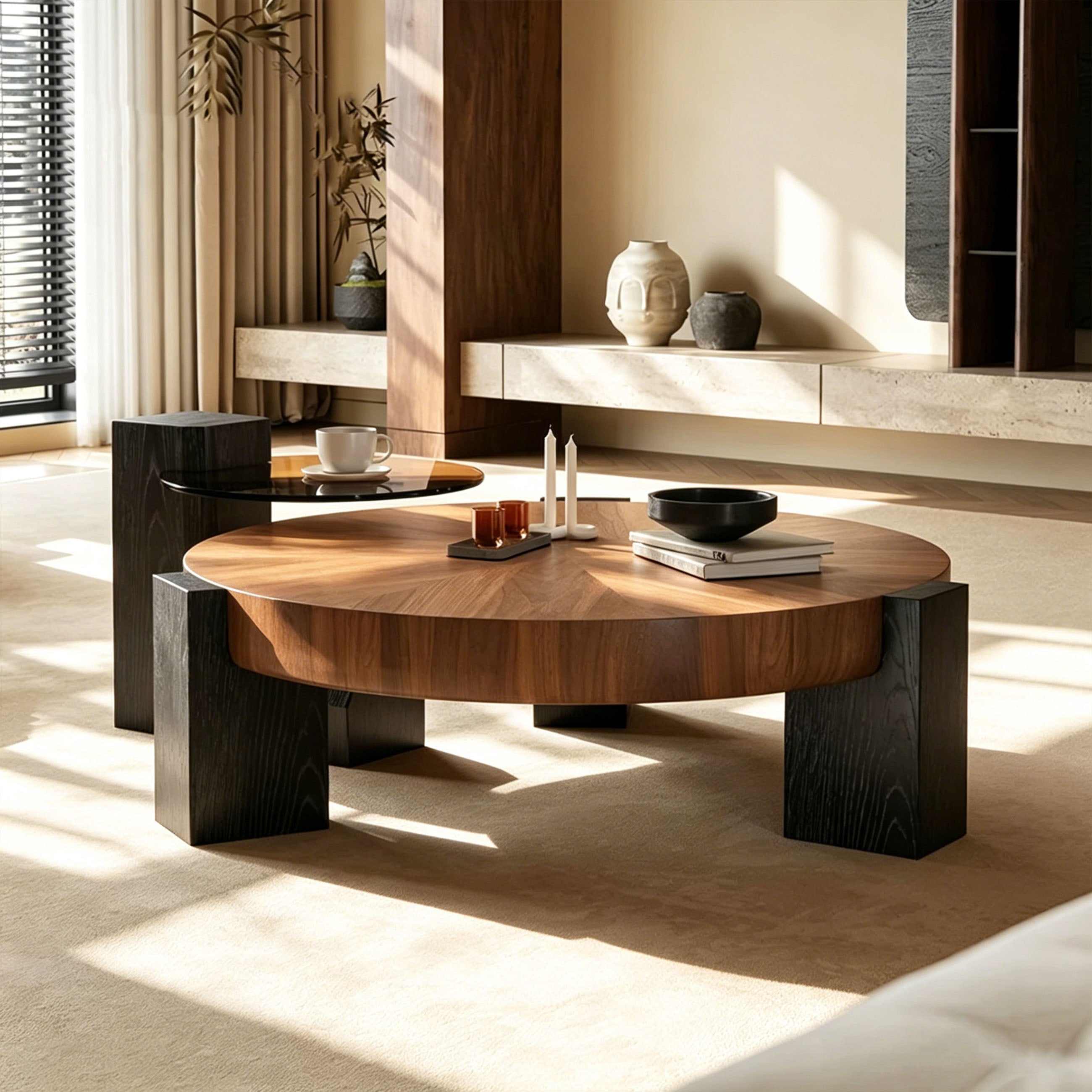 Mid-century coffee table - Round coffee table Walnut & Clear HD Glass Top with Stable Geometric Legs