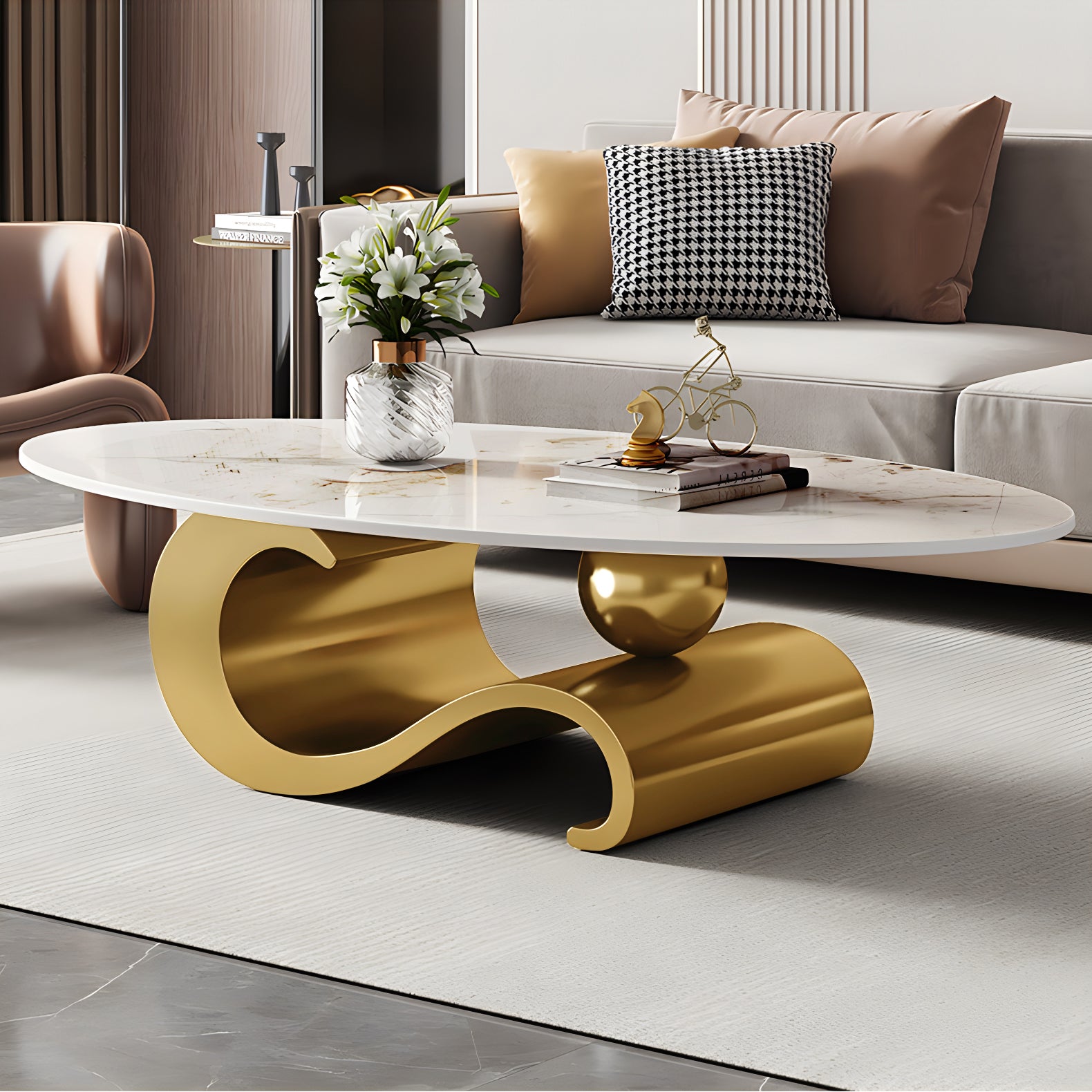 51.2" Oval Faux Marble Coffee Table with Musical-Note Stainless Steel Base