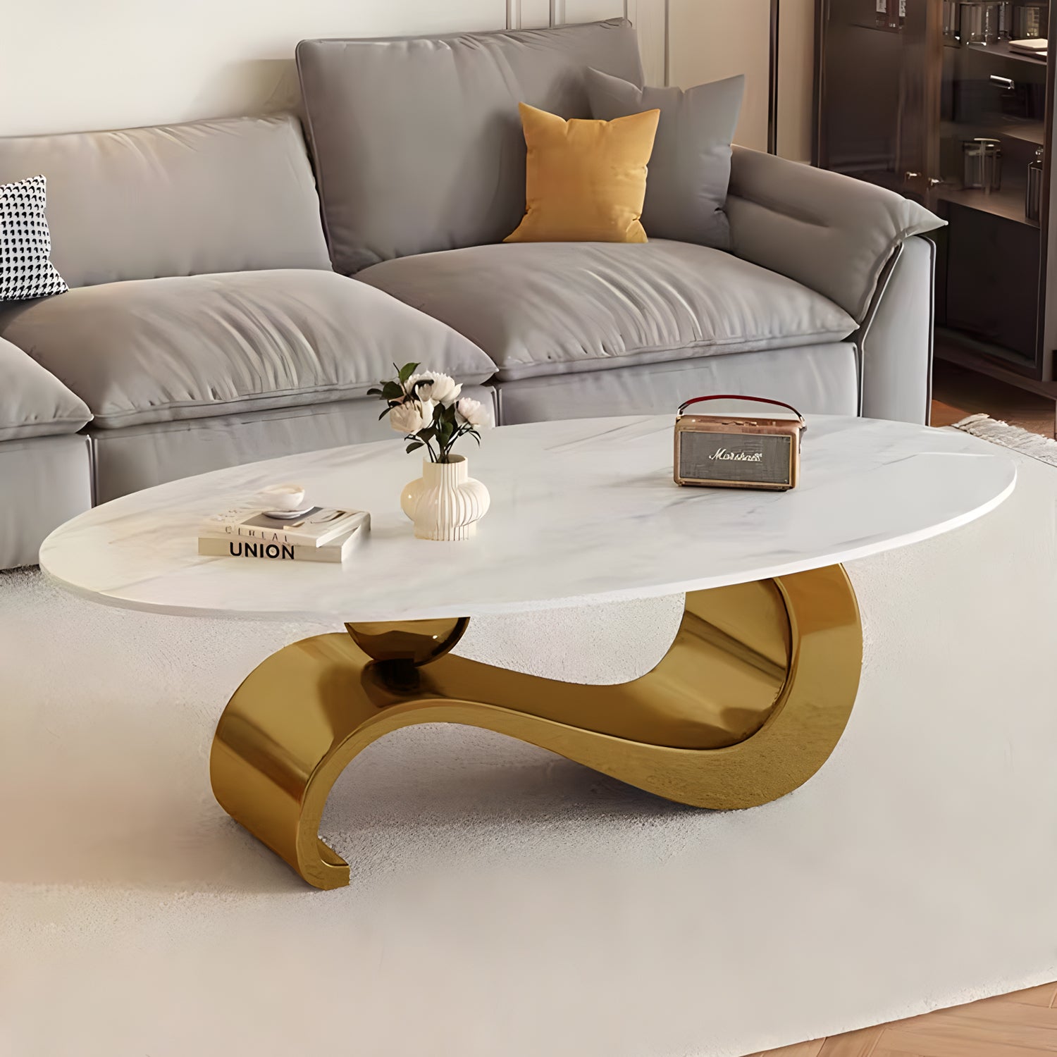 51.2" Oval Faux Marble Coffee Table with Musical-Note Stainless Steel Base