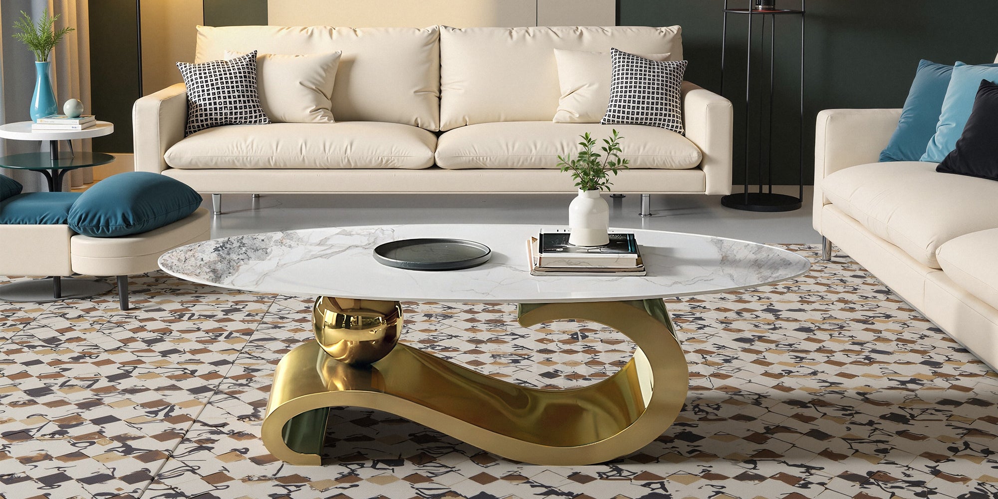 White Oval Coffee Table with Musical Note Base