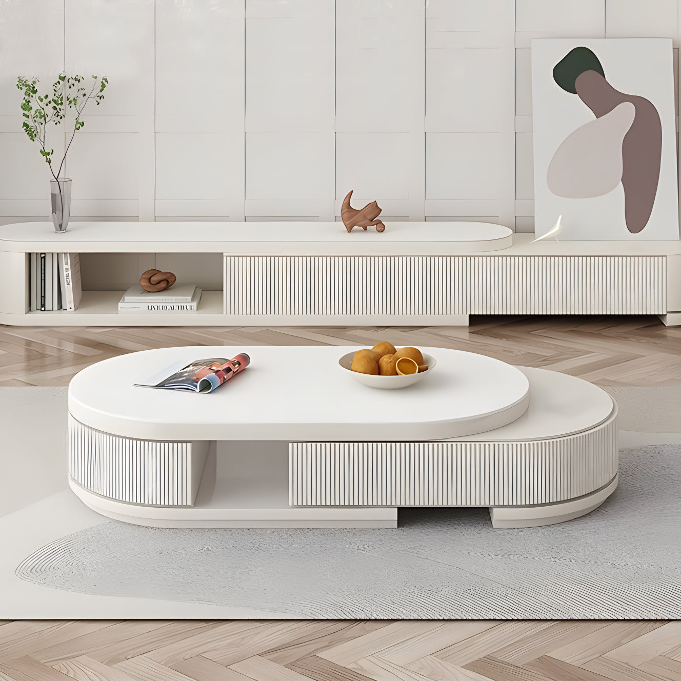 Oval Coffee Table with White Marble-Look Top and 3 Drawers