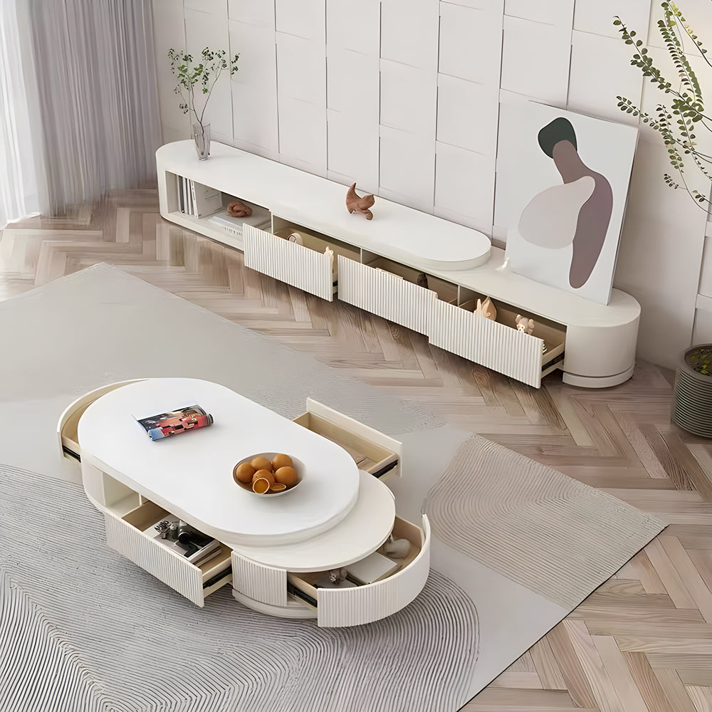 Oval Coffee Table with White Marble-Look Top and 3 Drawers