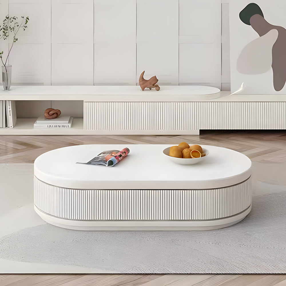 Oval Coffee Table with White Marble-Look Top and 3 Drawers