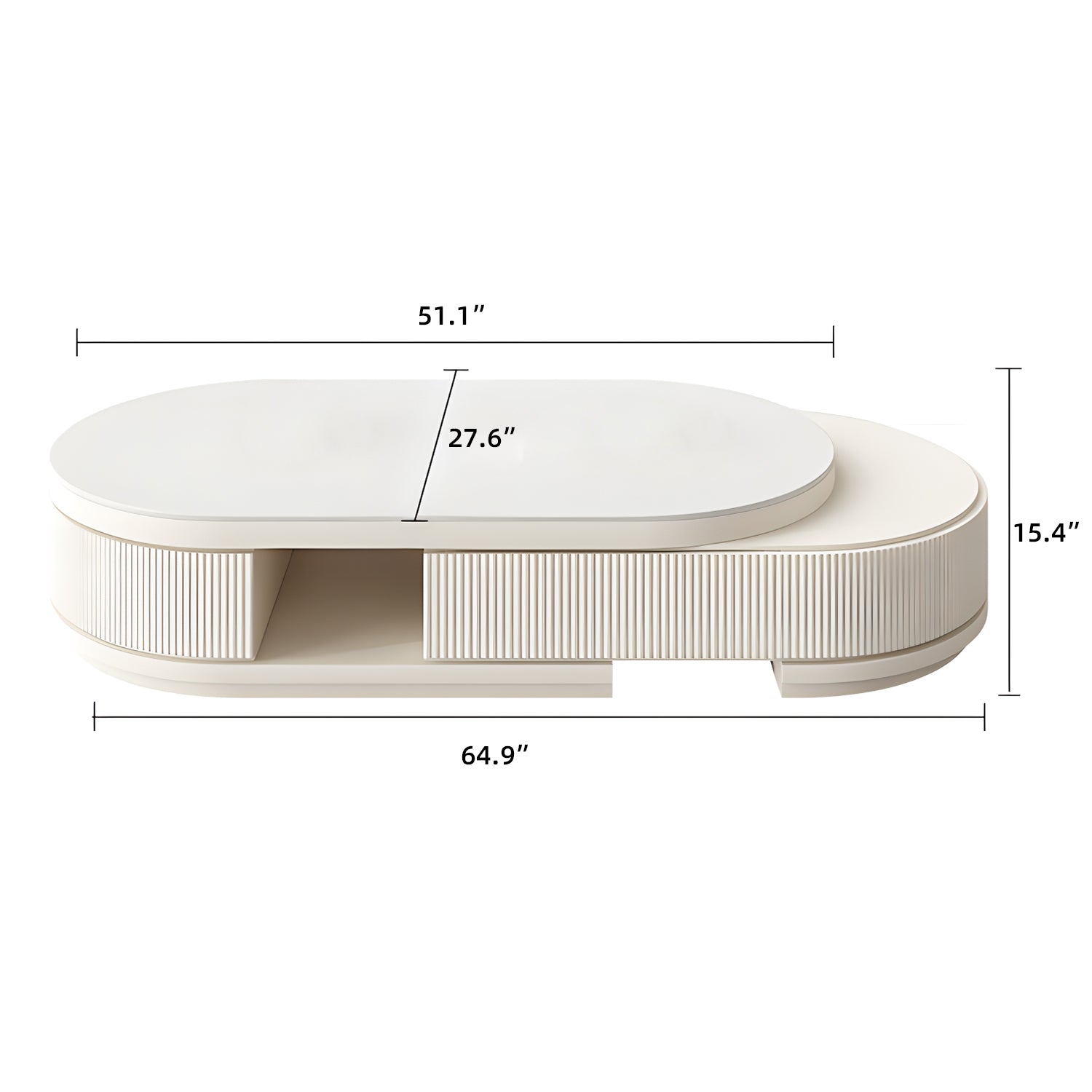 Oval Coffee Table with White Marble-Look Top and 3 Drawers