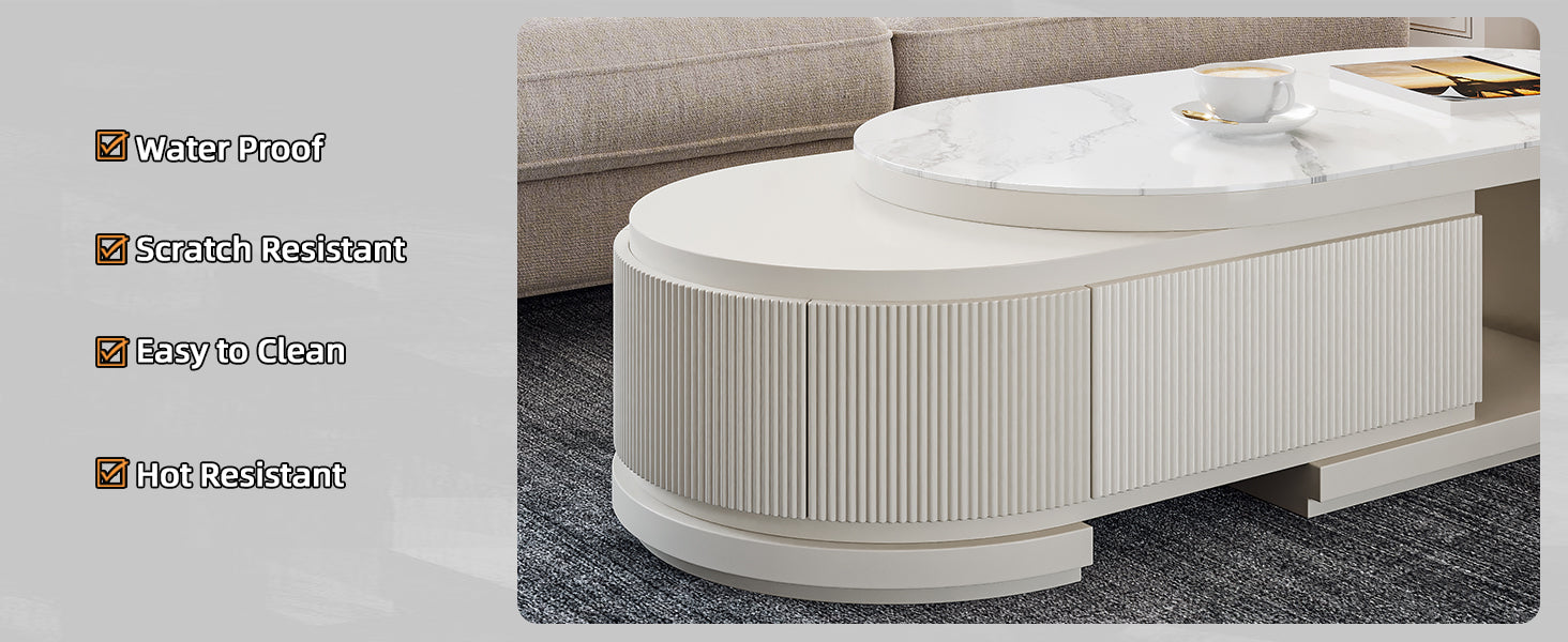 Oval Coffee Table with White Marble-Look Top and 3 Drawers