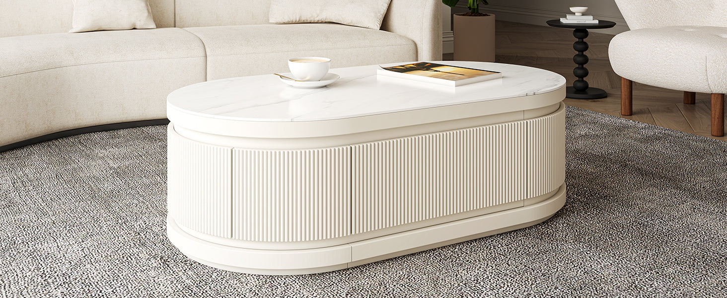 Oval Coffee Table with White Marble-Look Top and 3 Drawers