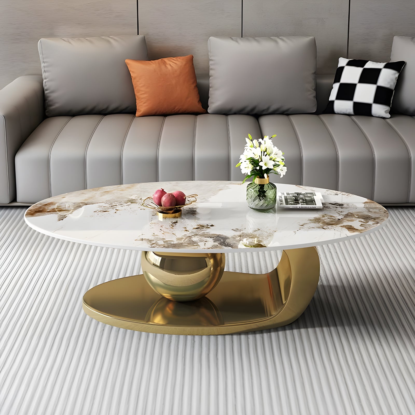 51.2" Oversized Oval Coffee Table with Stainless Steel Base