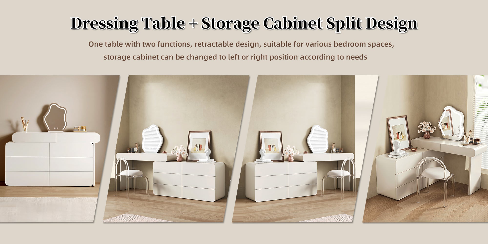 Expandable Cream Makeup Vanity Desk, 47.24"–90" Wide