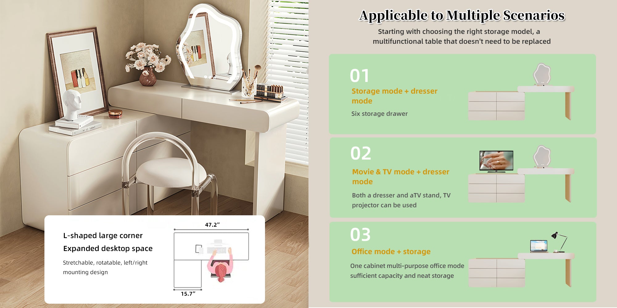 Expandable Cream Makeup Vanity Desk, 47.24"–90" Wide