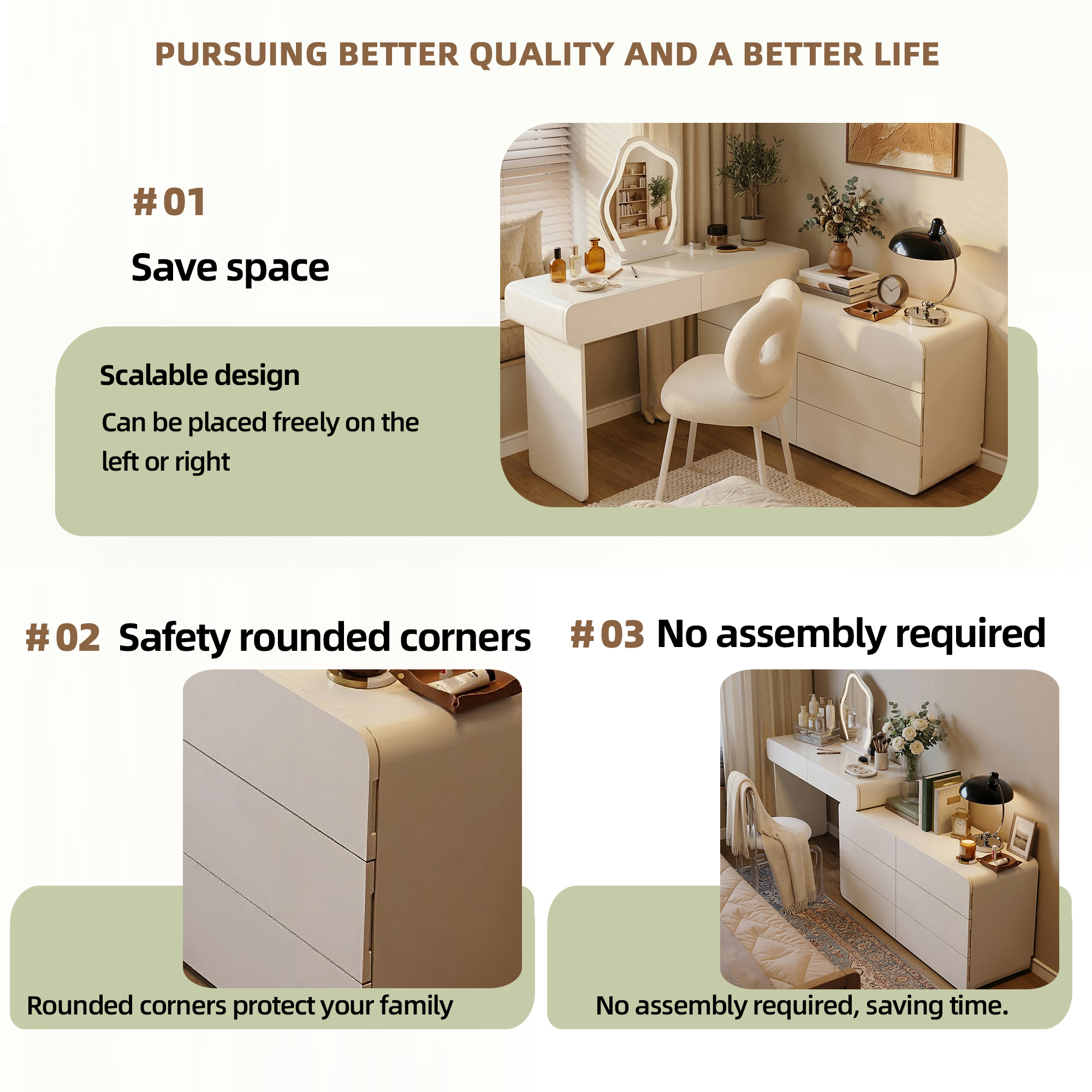Expandable Cream Makeup Vanity Desk, 47.24"–90" Wide