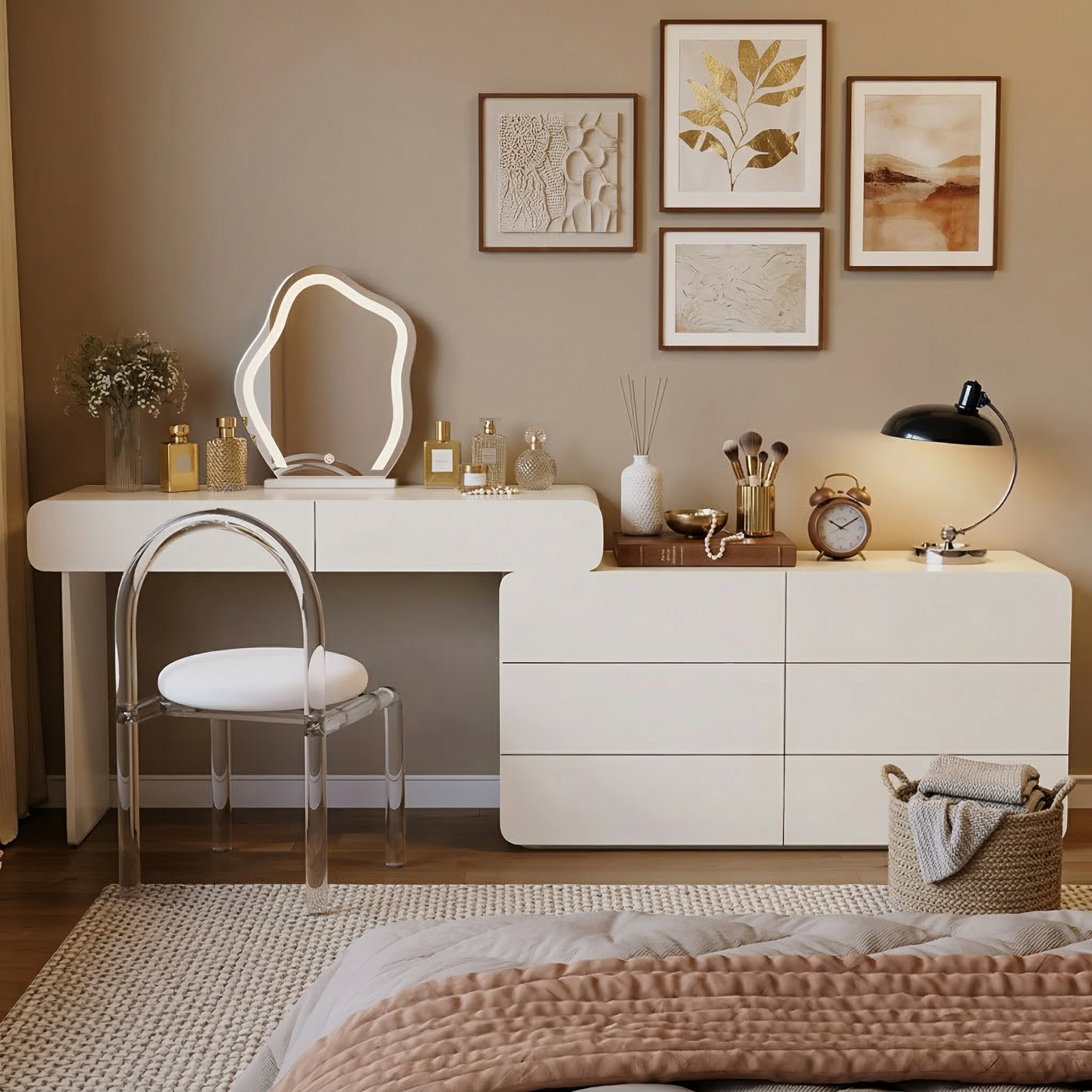 Expandable Cream Makeup Vanity Desk, 47.24"–90" Wide