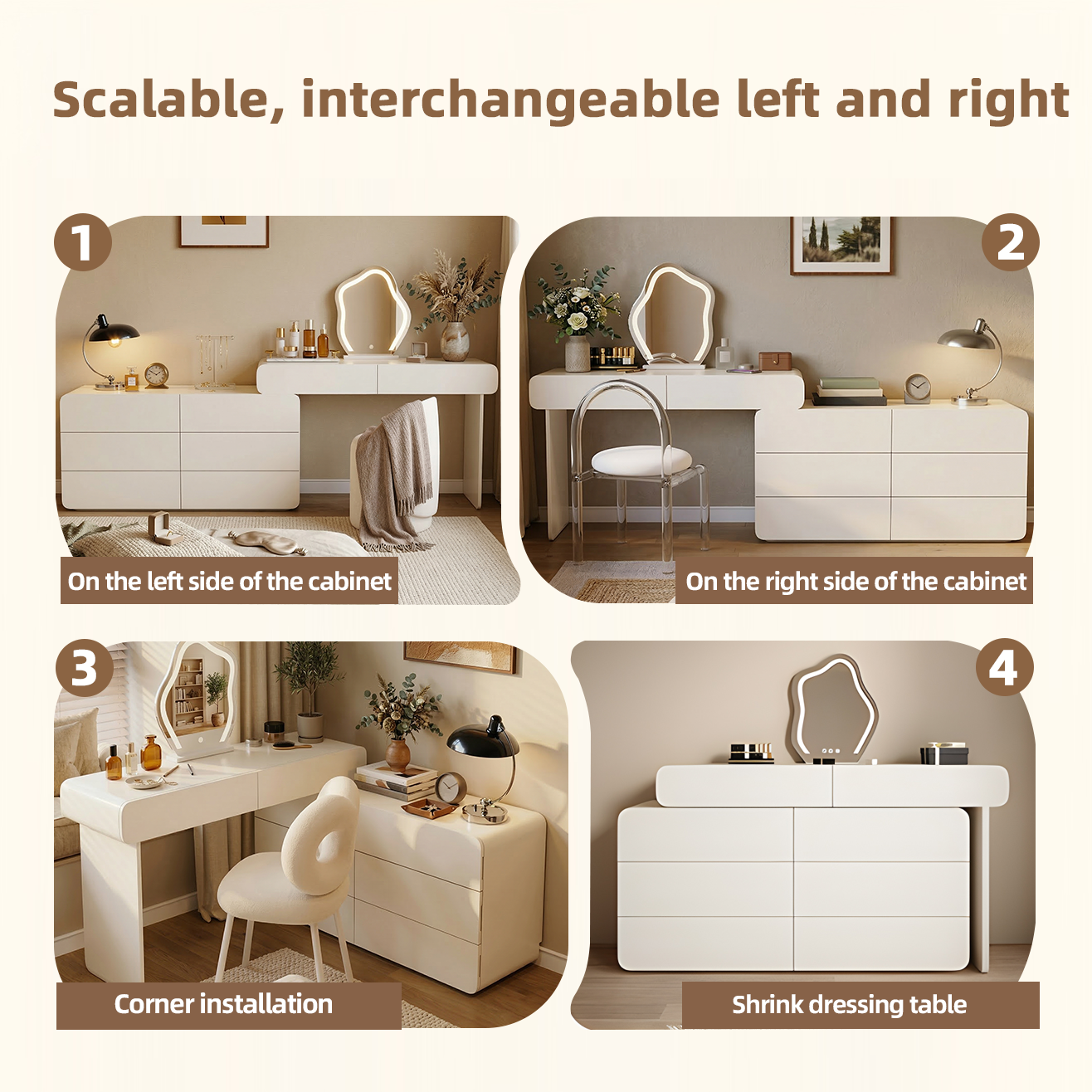 Expandable Cream Makeup Vanity Desk, 47.24"–90" Wide