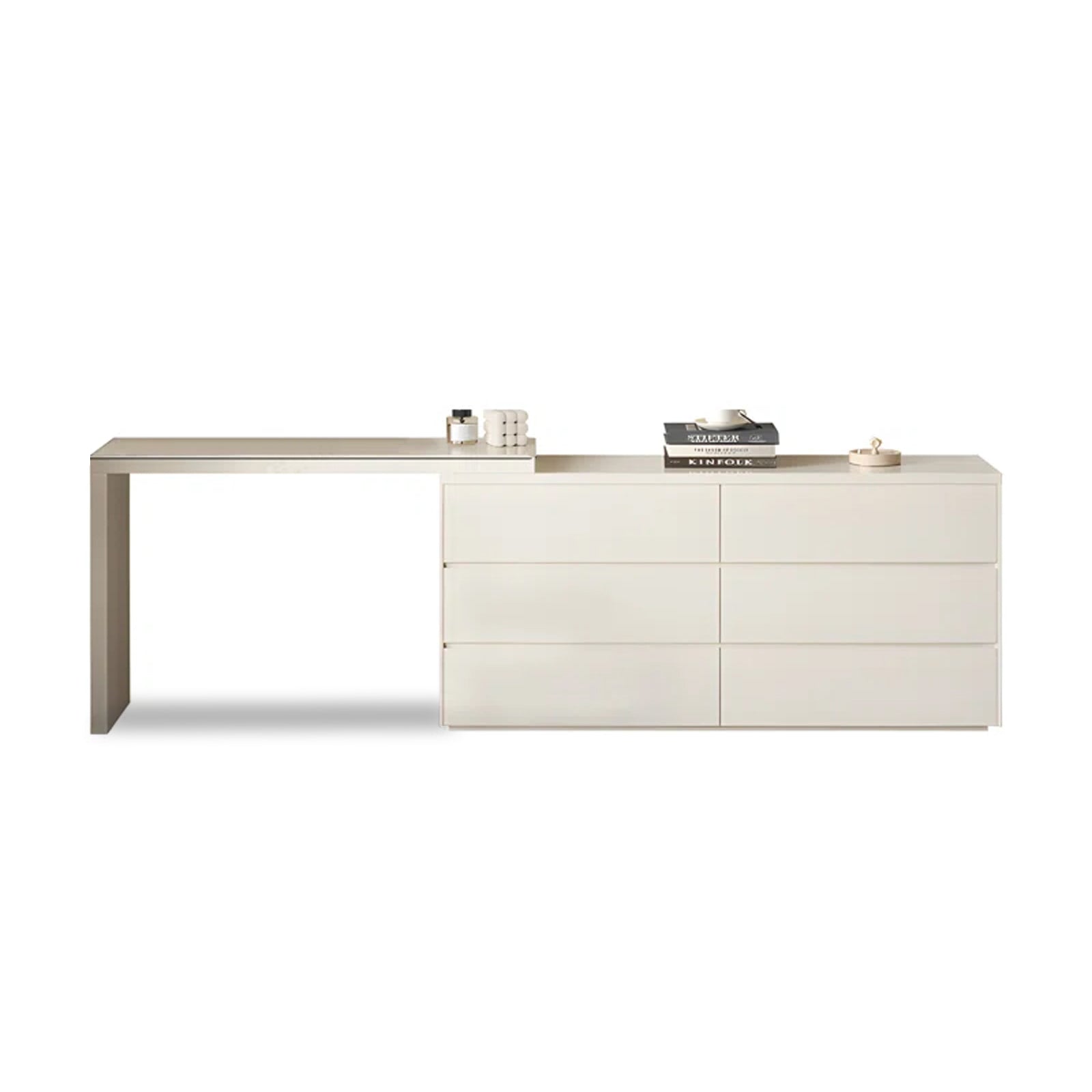 Cream White Extendable Makeup Vanity Dresser with 6 Drawers, L-Shaped Table & Scalable Design