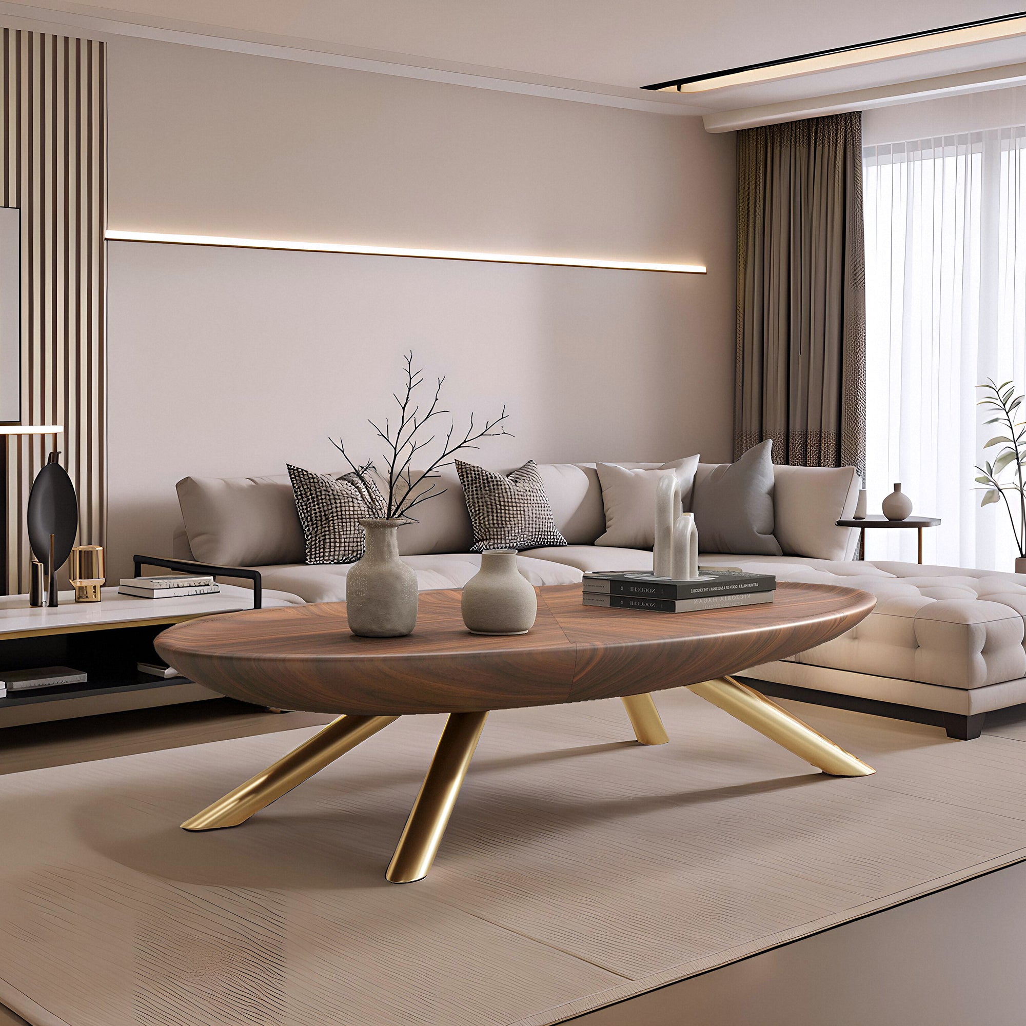 Modern Oval Coffee Table with Wood-Grain Finish and Gold Accents - View 3
